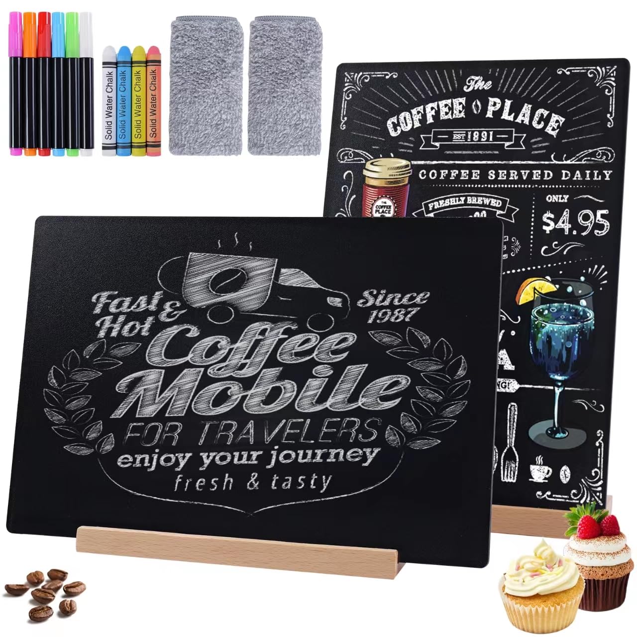 Small Chalkboard Sign, Reusable Double Sided Mini Chalkboard Signs with Wooden Base Stand, 12 x 8 Tabletop Chalkboard for Kids, DIY Home Decoration, Store Poster Display (2 Pack)