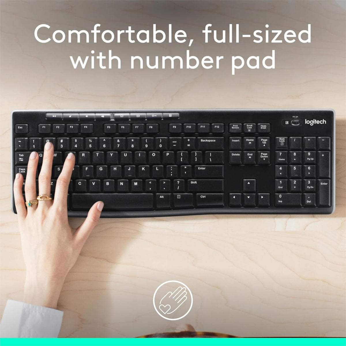 Logitech K270 Wireless Keyboard for Windows, 2.4 GHz Wireless, Full-Size, Number Pad, 8 Multimedia Keys, 2-Year Battery Life, Compatible with PC, Laptop, Black