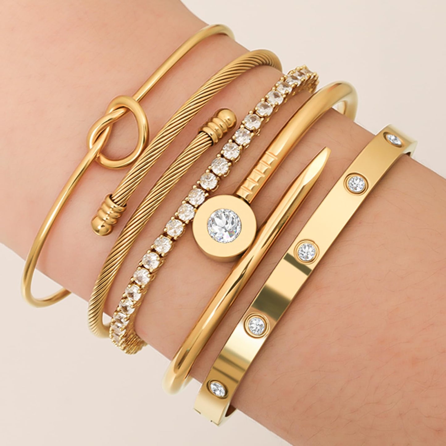 FAFUGA 18 K Gold Plated Love Bangle Bracelet Stack Cuff Jewelry for Women Jewelry Set for Women Gift with Box (style2)