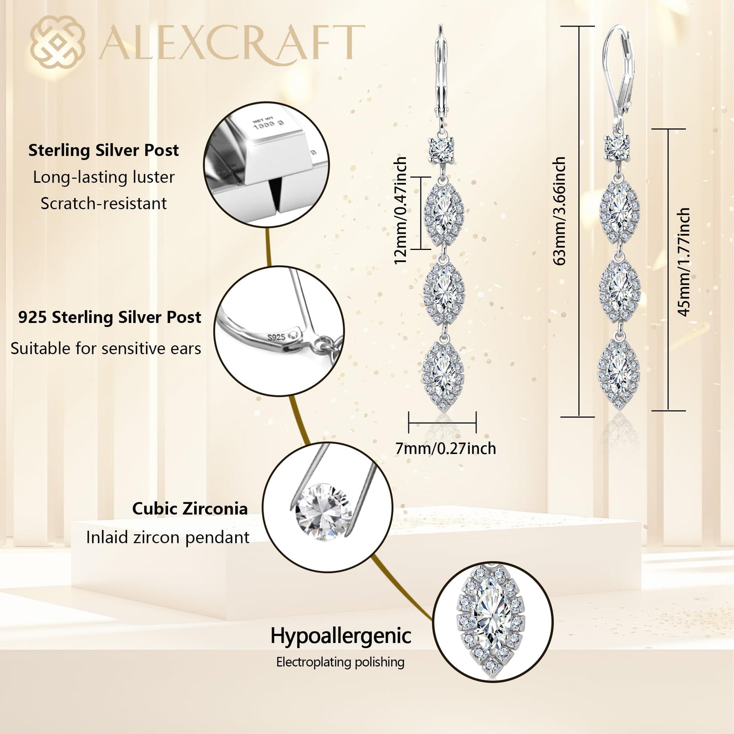 Sterling Silver Leverback Drop Earrings, ALEXCRAFT Long Zirconia Dangle Earrings for Women Trendy Hypoallergenic 925 Sterling Silver Lightweight Dangling Teardrop Earring Brides Engagement Wedding