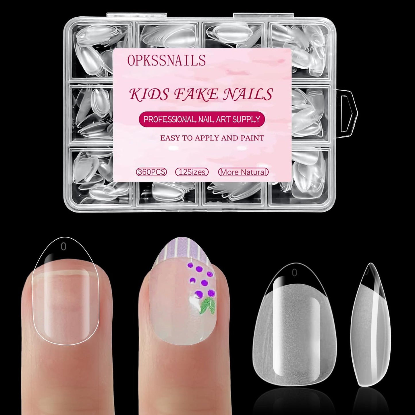 OPkssnails Medium Almond Kid Nail Tips,360Pcs Soft Gel Nail Tips Pre-Shaped Press On Nails For Kids, Clear Acrylic Half Matte Full Cover Fake Nail For Kids DIY Extension & Salon Use12 Sizes