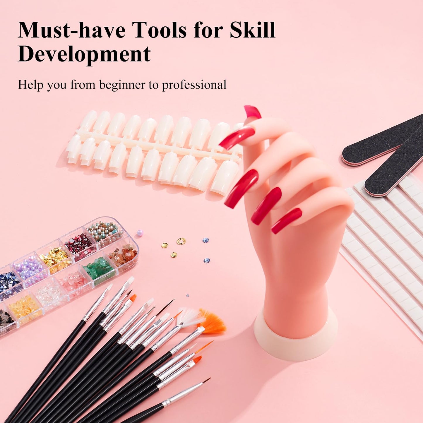 Practice Hand for Acrylic Nails,Nail Mannequin Hands for Nails Practice,Fake Nail Training Hand Manicure, Flexible Bendable Nail Hand with 100PCS Nail Tips,Painting Pen,Nail Clay and Nail Rhinestones