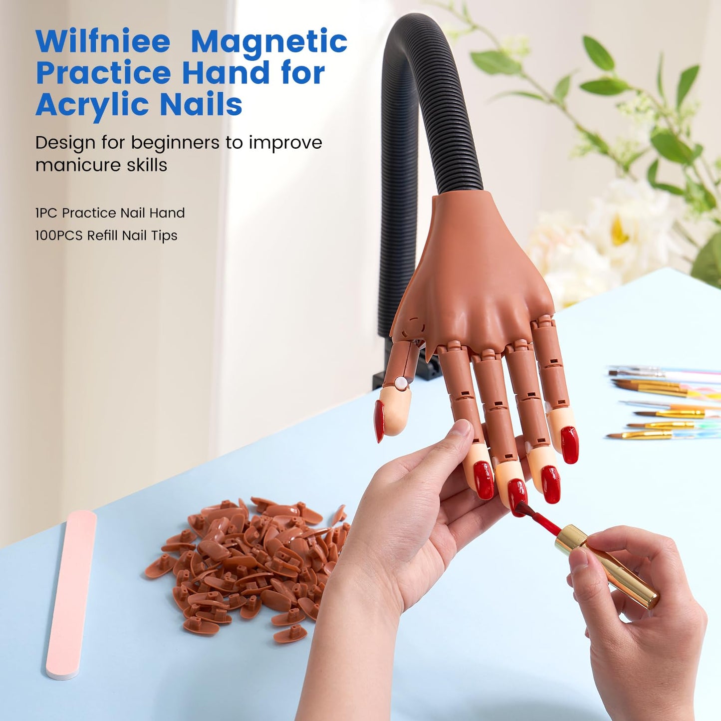 Wilfniee Practice Hand for Acrylic Nails: Magnetic Nail Practice Hand Flexible Fake Hand For Nail Practice Movable Manicure Hand Practice with 100PCS Nail Tips