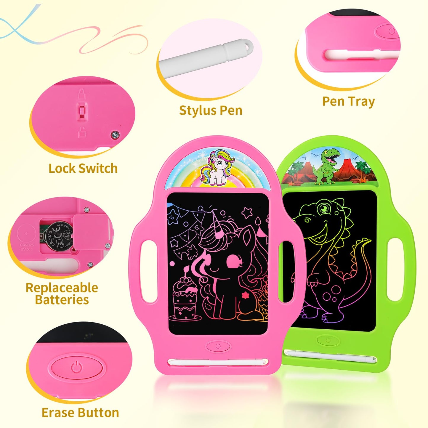 2 Pack 8.5 Inch LCD Writing Tablet for Kids 2-6, Dinosaur & Unicorn Doodle Board with Handle, Travel Car Toy for Twins Siblings, Educational Gift for Boys Girls