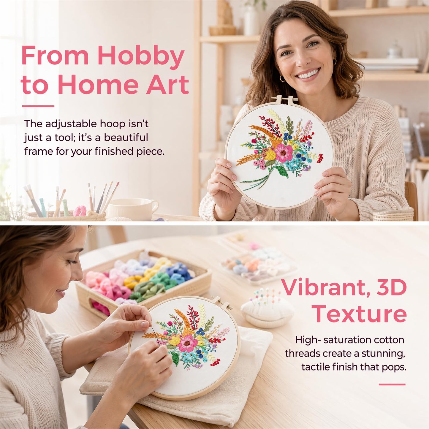 Huacan Embroidery Kit for Beginners Flower Pattern Printed Fabric with Hoop & Full Tools