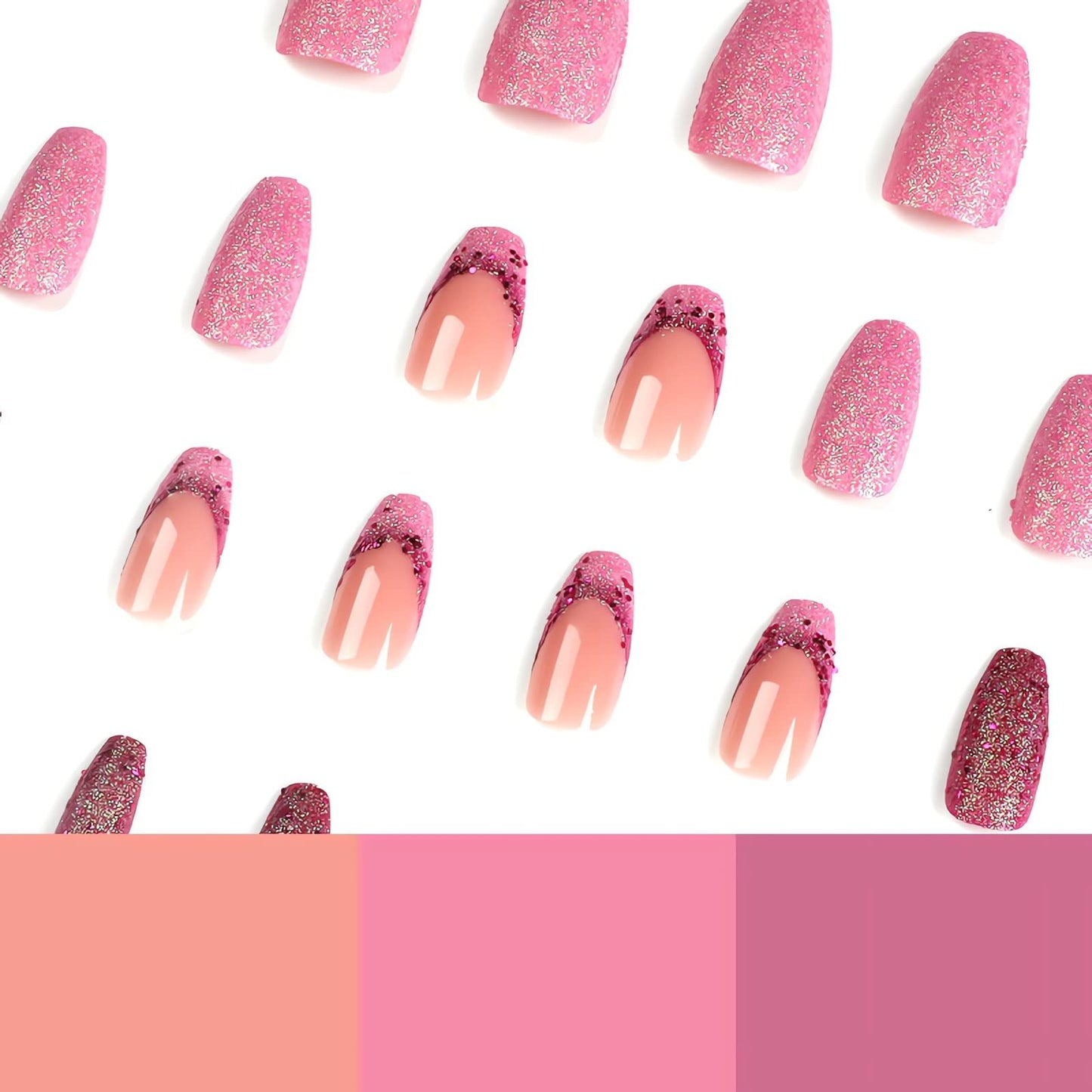IMSOHOT Medium Press on Nails French Coffin Fake Nails Purple Glitter Full Cover Ballerina False Nails Glossy Acrylic Glue on Nails for Women 24pcs