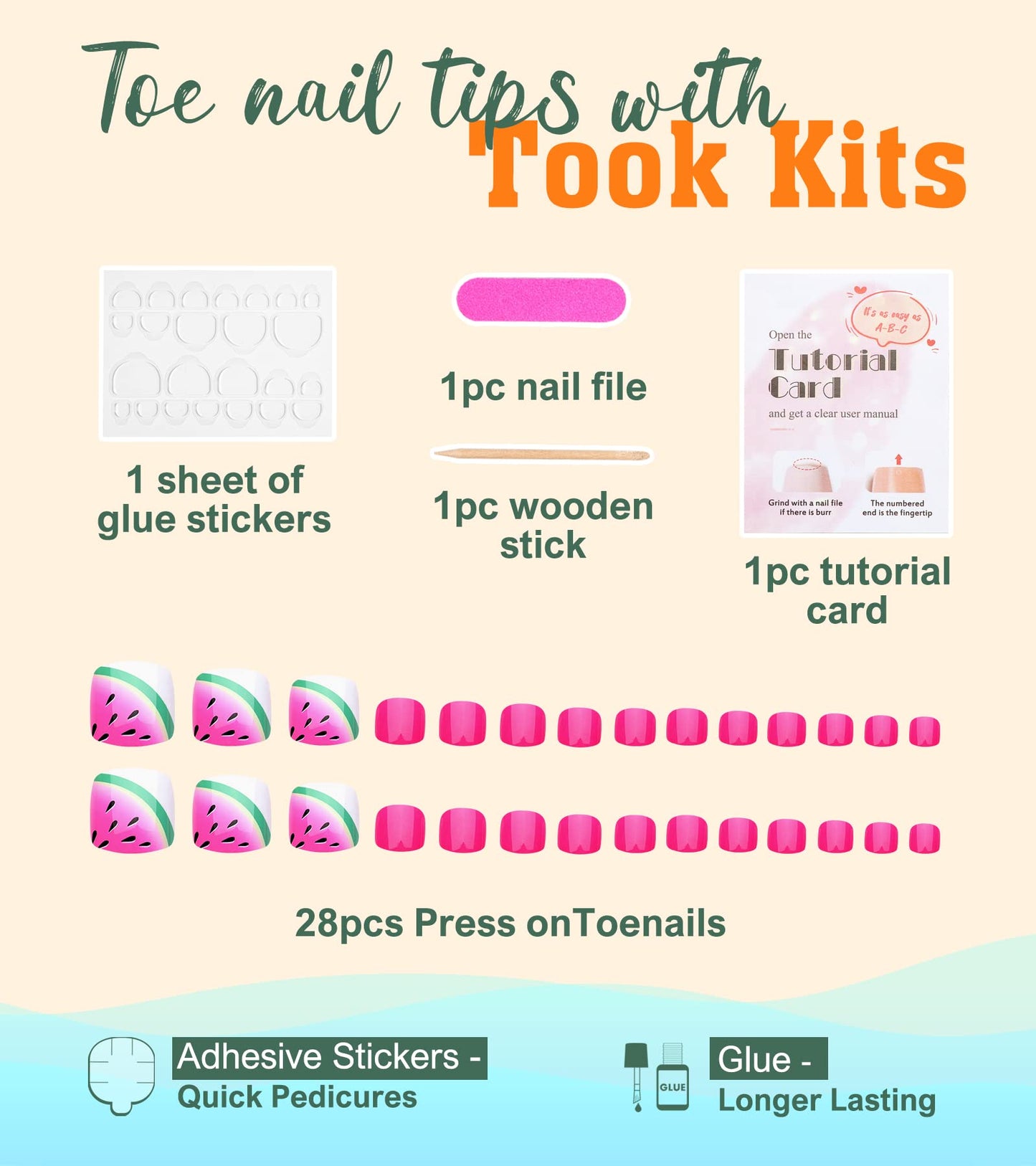 Aegenacess 28pcs Toenail Press on Summer Fake Toe Nails Press ons False Nail Tips Beach Short Pedicure Kit for Women (Summer Watermelon)