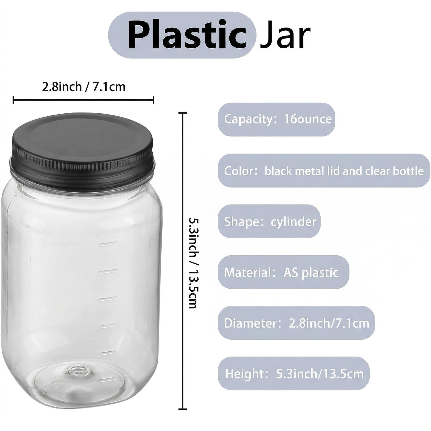 novelinks 16 oz Clear Plastic Jars with Lids, Refillable 16oz Mason Jars with Lids & Storage Containers for Kitchen & Household Use (24 Pack,Black)