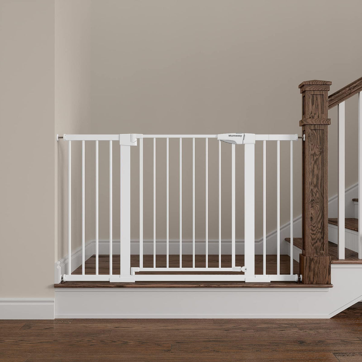 Mumeasy 29.7–51 Inch Extra Wide Baby Gate for Stairs, Extra Long Indoor Dog Gate for Doorways, Pressure Mounted Walk Thru Child Gate with Auto-Close, No-Drill Safety Pet Gate with Door for House,Black