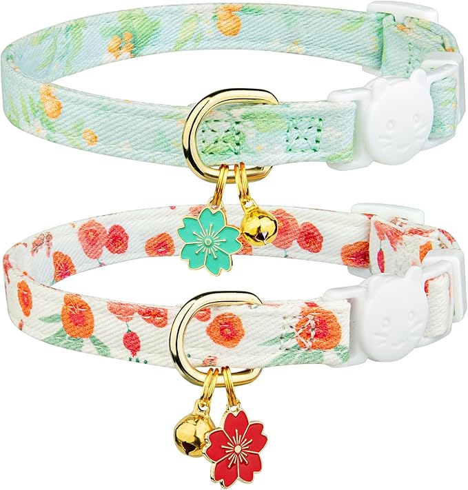2 Pack Cotton Cat Collar Beige and Green Flowers Cute Kitten Cat Collar