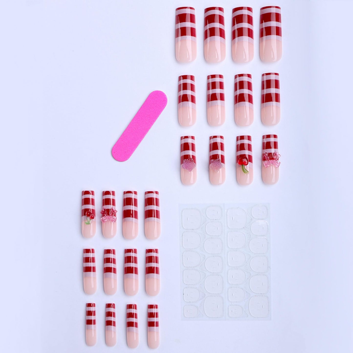 Long Press on Nails Square Fake Nails Red Artificial Nail Candy Stripe Cherry Bow Glitter Accent Glossy Stick on Nail Sweet Holiday Party Look for Women 24pcs