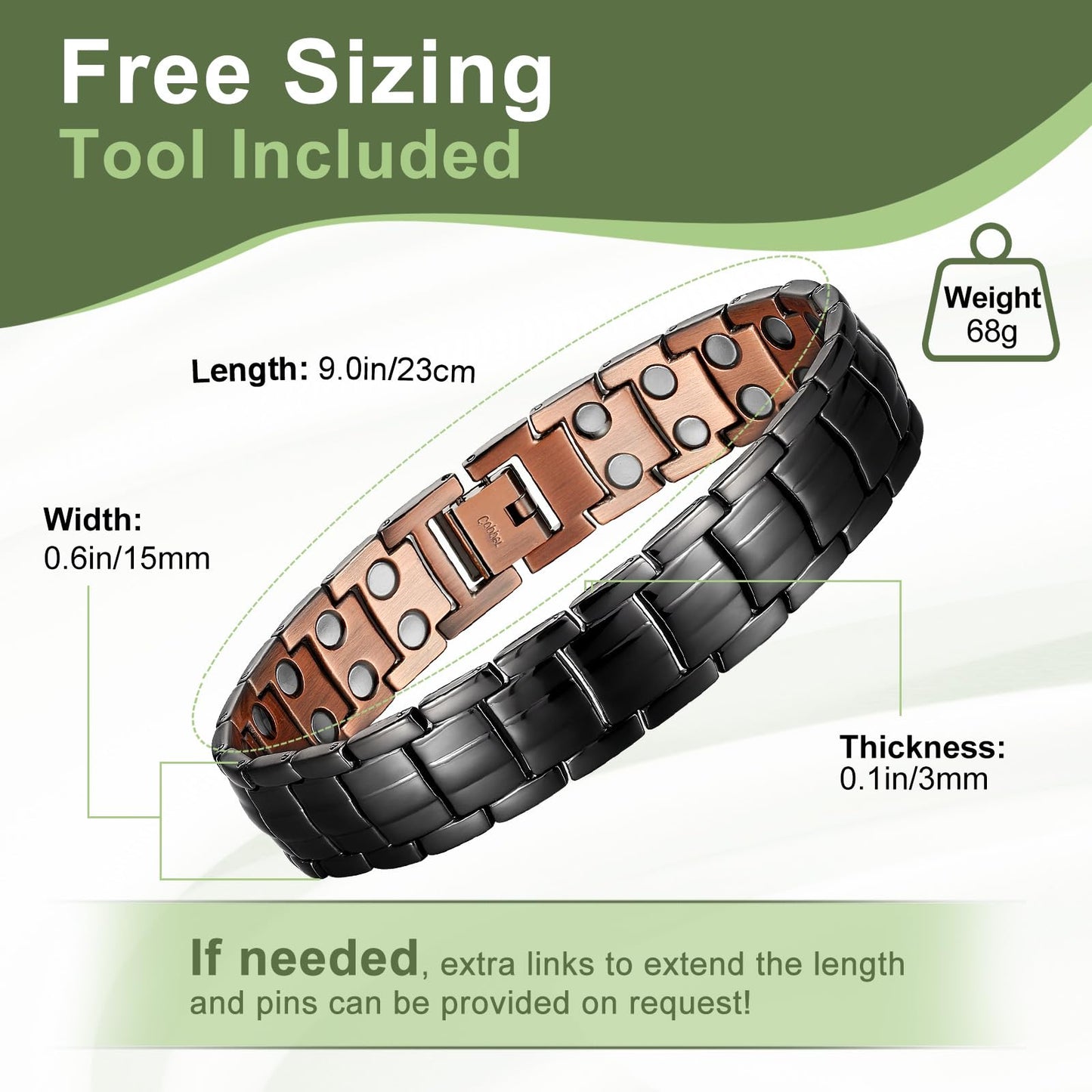 MagEnergy Mens Copper Magnetic Bracelets & Lymphatic Drainage Ring, 99.9% Pure Copper Bracelet with Double-Row Strength Magnets, Adjustable Jewelry with Sizing Tool（Black）