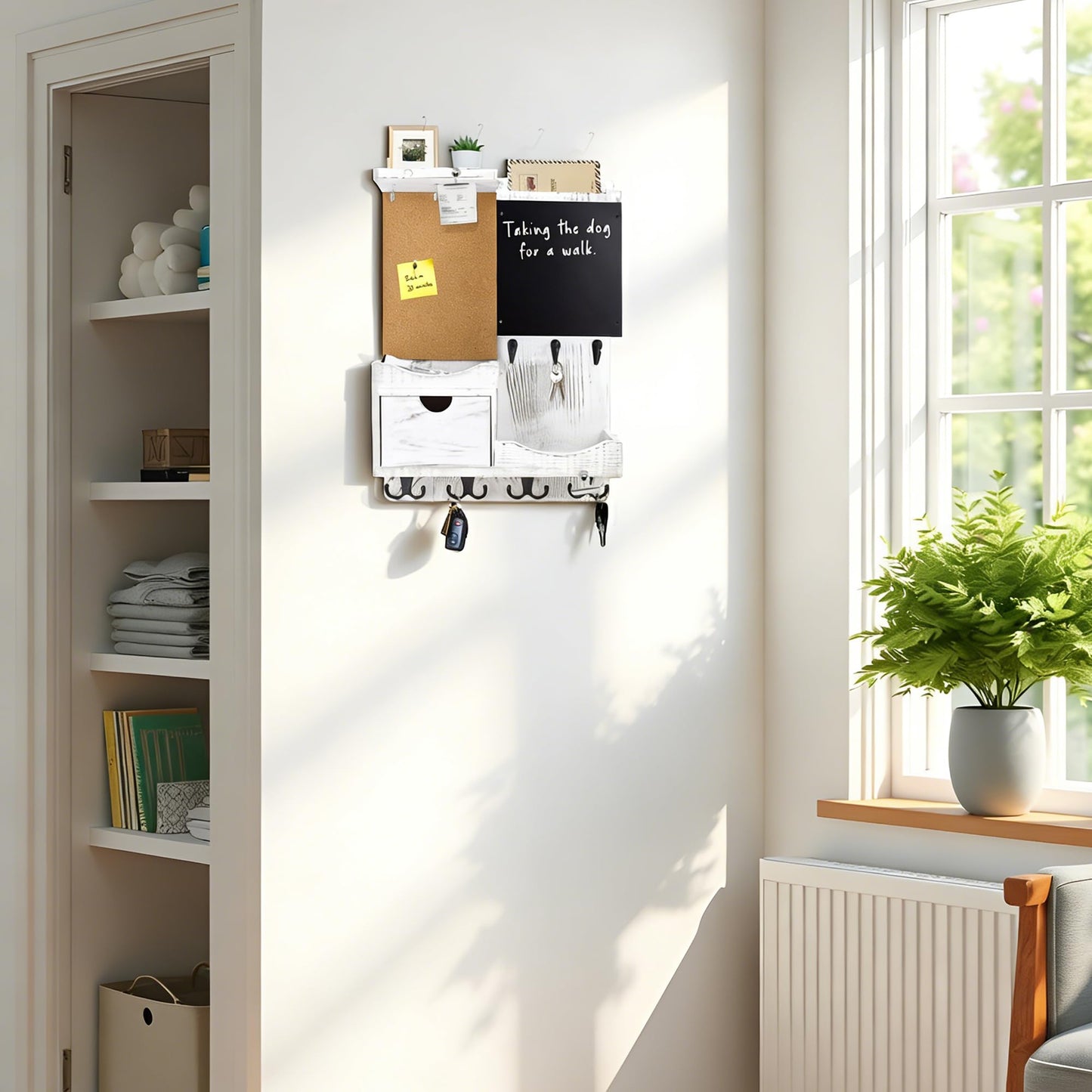 HEKOOLA Key Holder Wall Mount， Mail Organizer Key Holder for Wall with Shelf, Drawer, Chalkboard, Corkboard, Home Decor Wall Mounted for Room Entryway(Whitewashed)