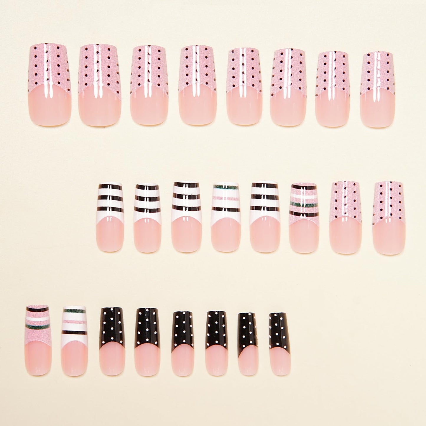 MISUD Press on Nails - Long Square Fake Nails with Pink Black French Tip, Acrylic Polka Dot Stripe Design 24 pcs