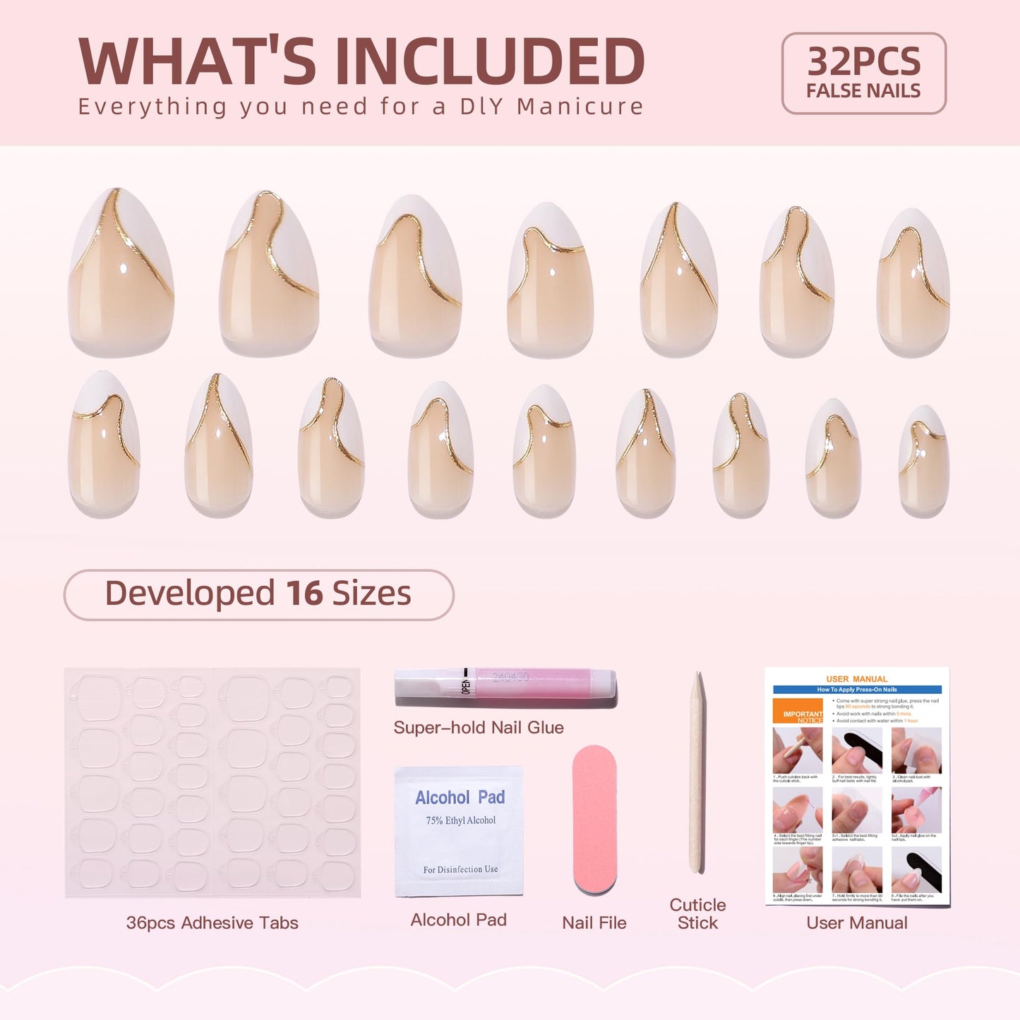 WAFOLOZE Almond Press On Nails - White French Tip Press On Nails Short with Gold Foil Designs, Glue On Nails 16 Sizes - 32Pcs Reusable Soft Gel False Nails Tips Kit, Stick On Nails for Women