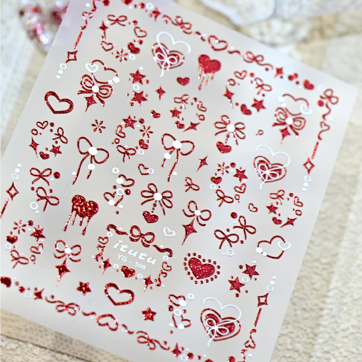 Valentines Nail Stickers for Nail Art Red Heart Nail Stickers 5D Self-Adhesive Embossed Bow Hearts Nail Decals Valentine's Day Nail Decorations for Women 1 Sheet