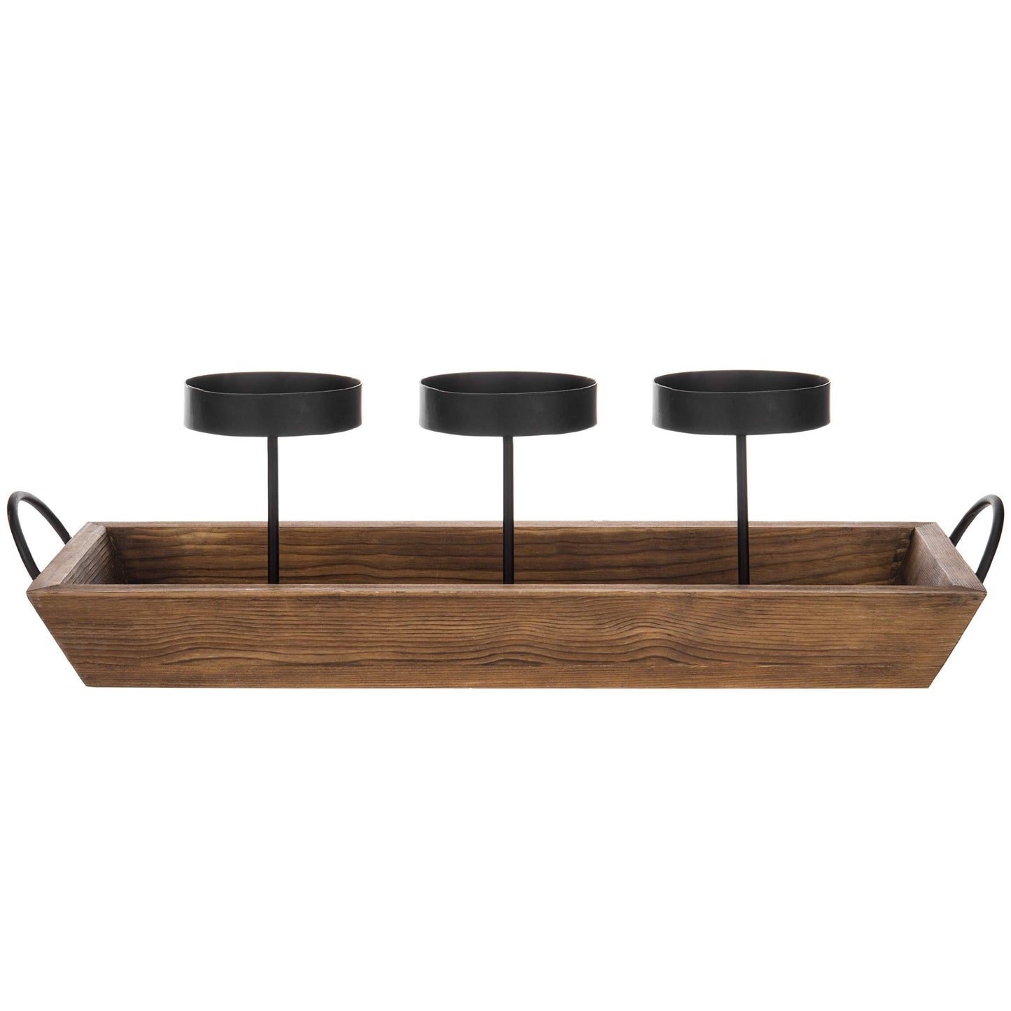 MyGift 3-Pillar Black Metal Candle Holder with Rustic Wood Tray and Handles, Tabletop/Mantel Centerpiece