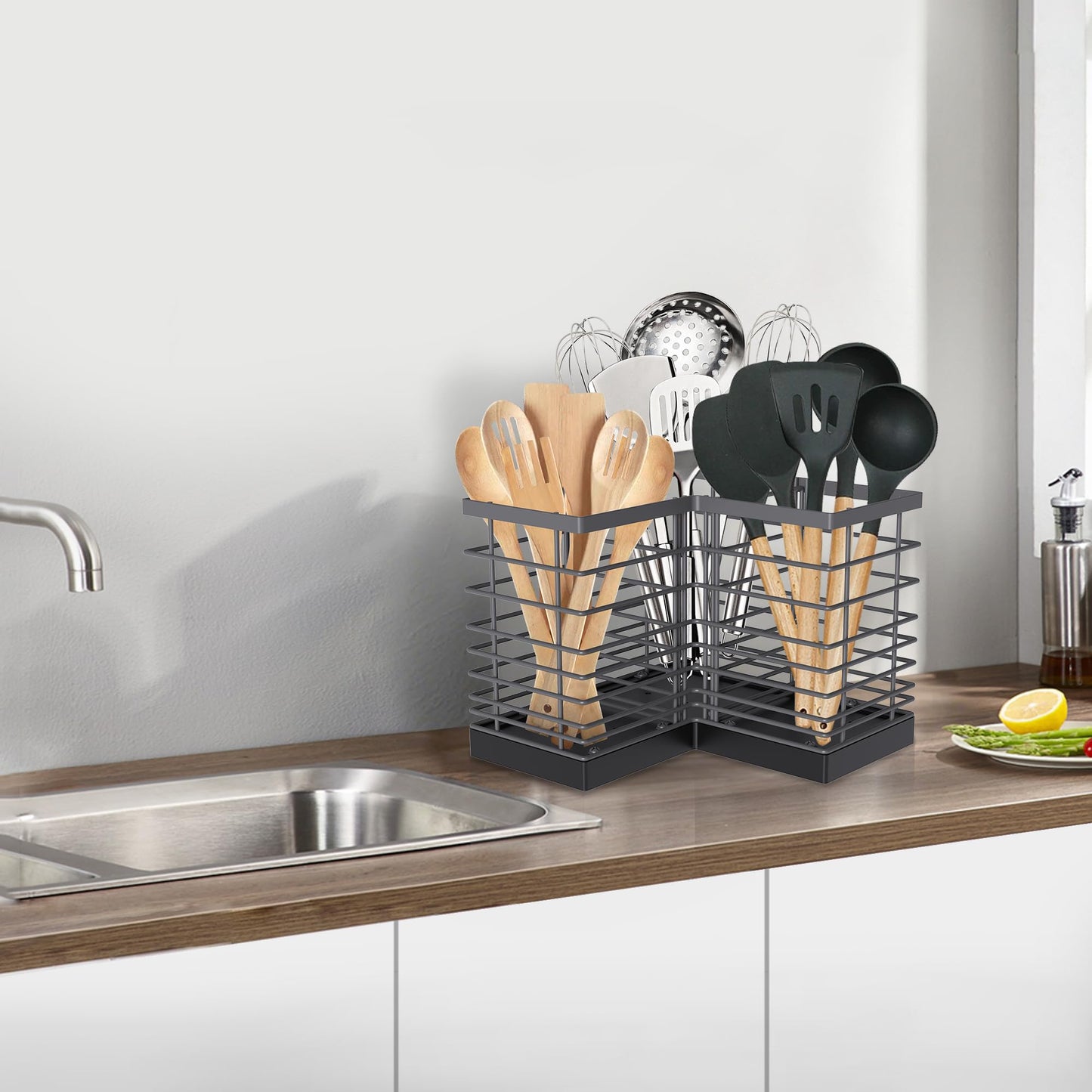 Suli Kitchen Utensil Holder with 3 Compartments，Grey Metal Corner Kitchen Caddy for Countertop，Farmhouse Rustic Cooking Storage-Grey