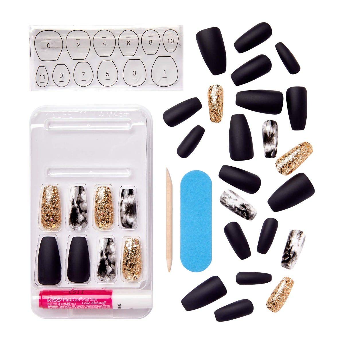 KISS Voguish Fantasy Press-On or Glue-On Gel Nails, “New York” Long Length Nail Kit with 28 Nails, Adhesive Tabs, Glue, Manicure Stick & Mini File