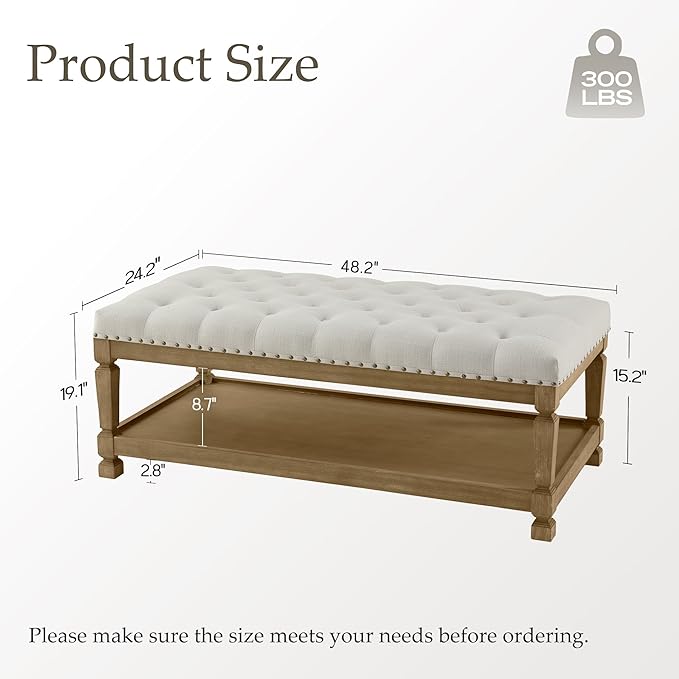 48" Coffee Tables for Living Room, Oversized Storage Ottoman Coffee Table, Fabric Tufted Ottomans, Upholstered Storage Ottoman Bench for Bedroom, Entryway (Beige)