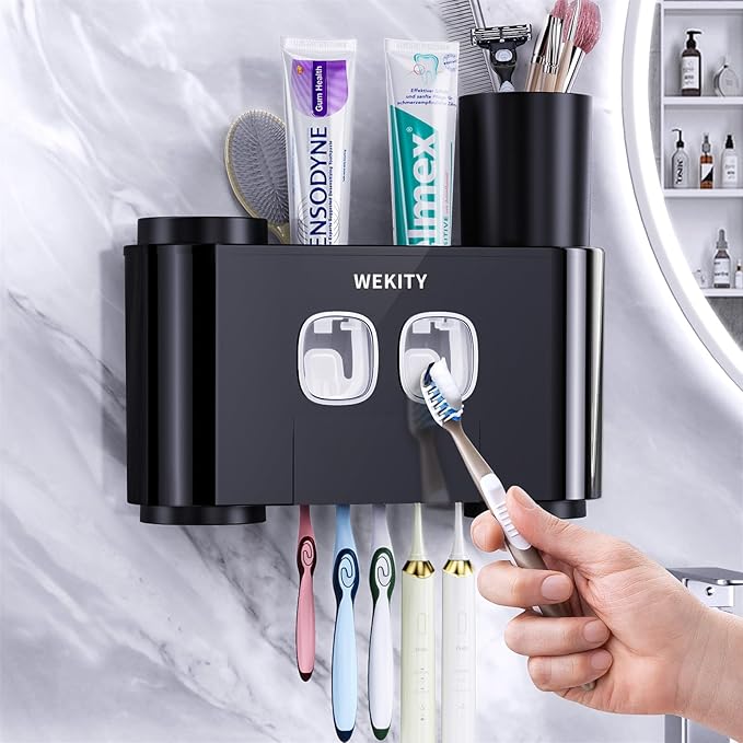 Toothbrush Holder,Multi-Functional Wall Mounted Toothbrush Holder,Toothpaste Dispenser for Bathroom with 2 Toothpaste Squeezers,5 Toothbrush Slots and 4 Cups(Black)