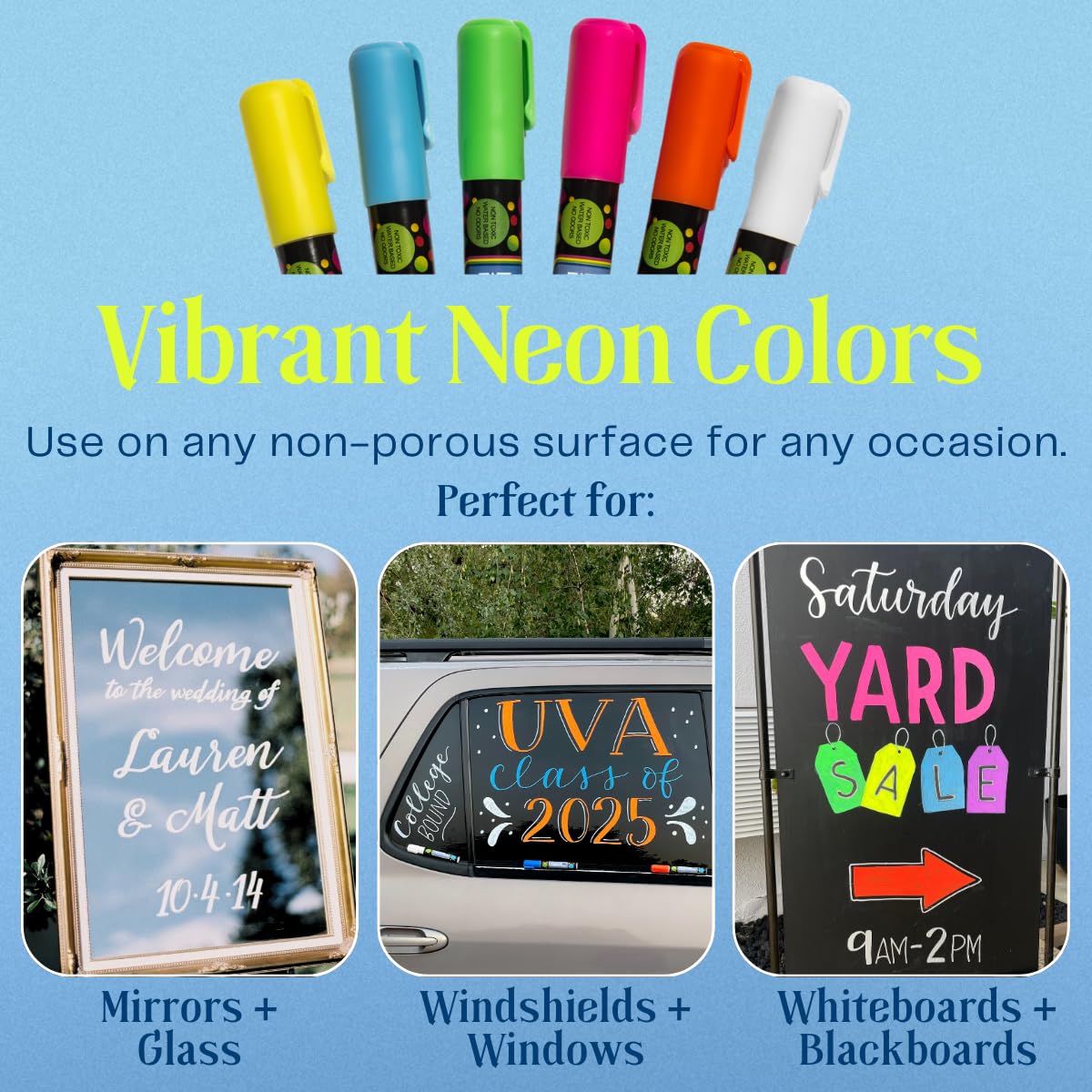 MoodClue Liquid chalk markers washable, erasable, dry or wet erase. 6 neon markers for whiteboards, glass boards, mirrors, chalkboards, windows, car windshields, glass. Non-toxic, reverse tip pens