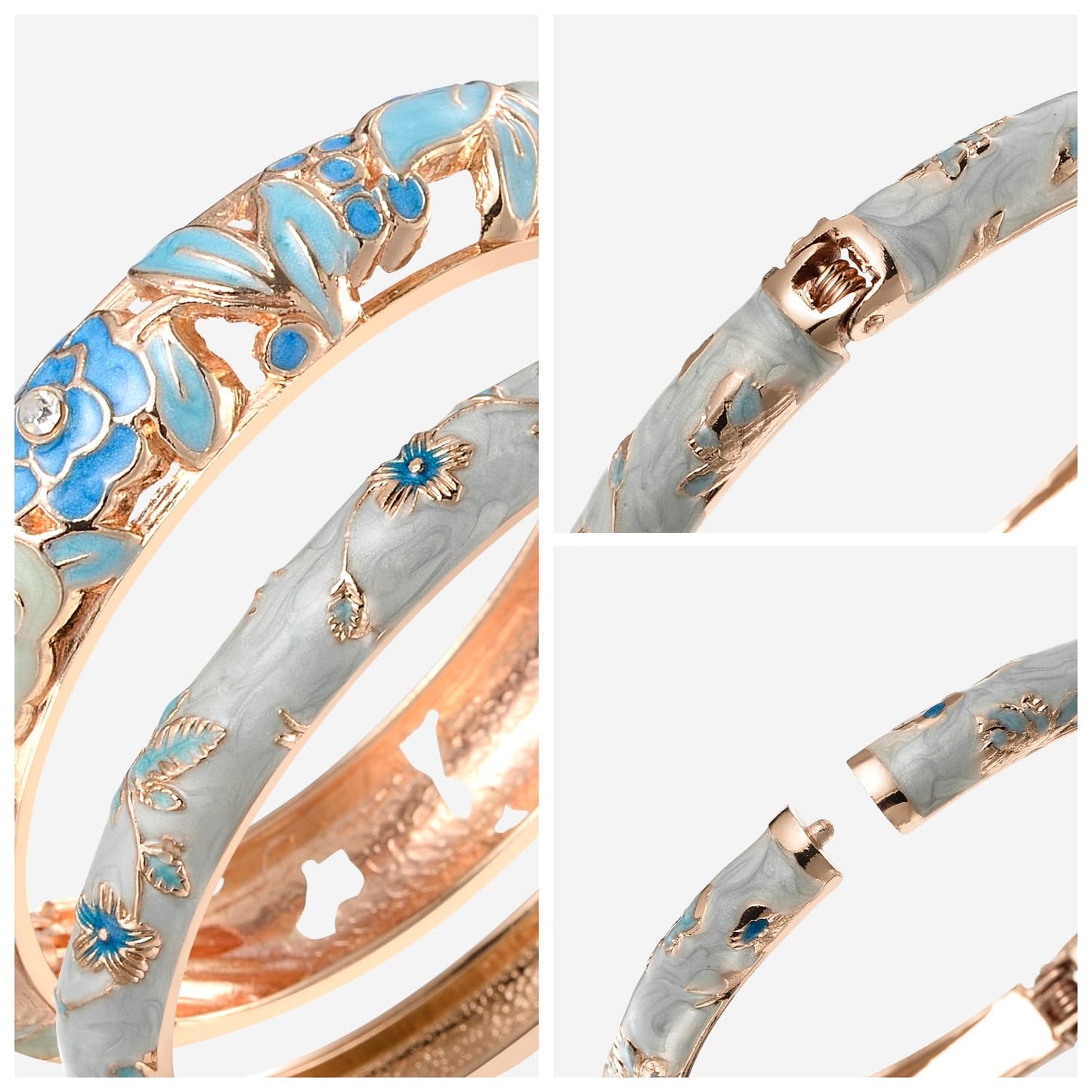 UJOY Fashion Cloisonne Bangle Jewelry Hollowed Rose Handmade Enamel Gifts Cuff Open Bracelet Bangles for Women Gilrs 88A10 3pcs Light Blue