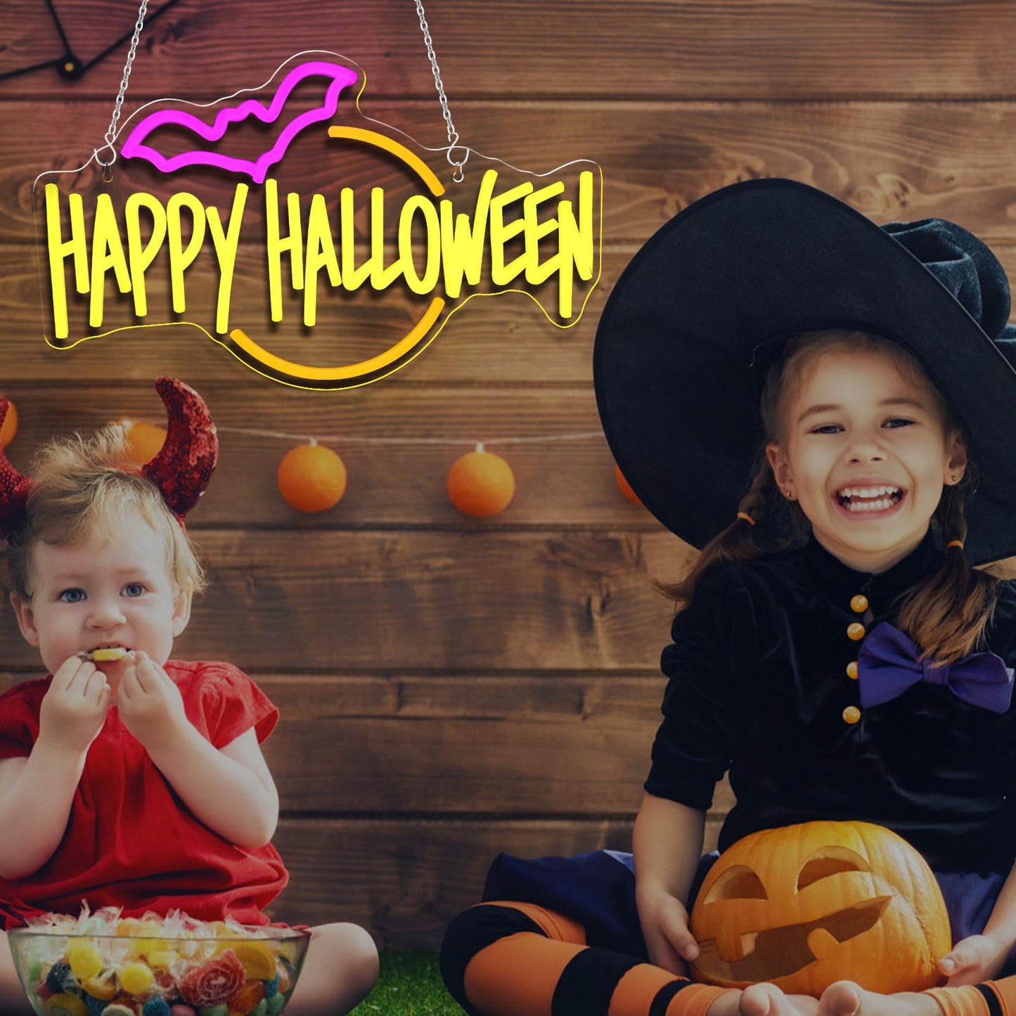Gevbay Happy Halloween Neon Sign Bat LED Light Up for Bedroom Home Bar Halloween Decor Trick or Treat Party Backdrop USB Powered