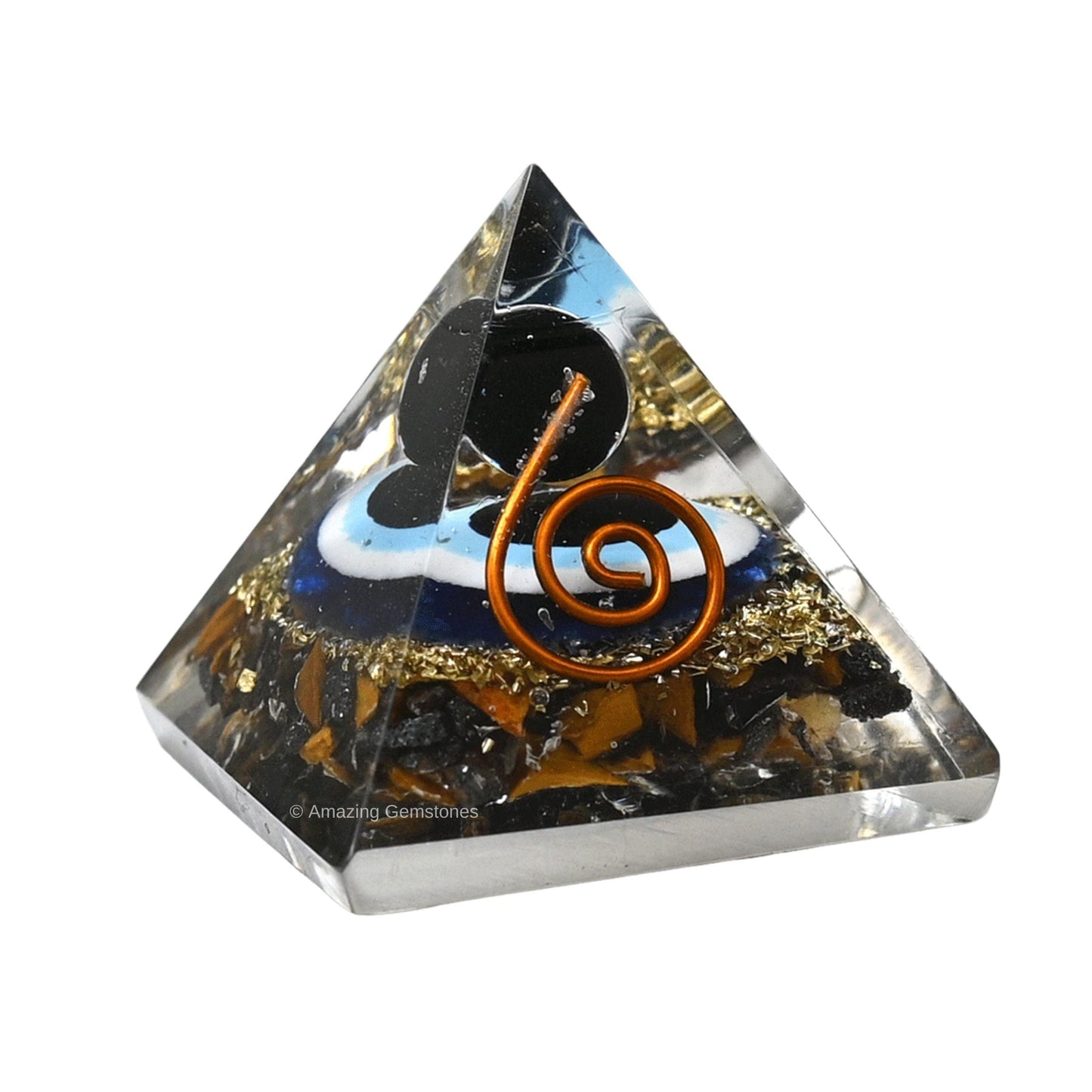 Amazing Gemstone Ultimate Protection Orgone Pyramid with Evil Eye Black Obsidian Sphere - Triple Protection Crystals Tiger Eye Hematite & Black Obsidian (30mm, Small)