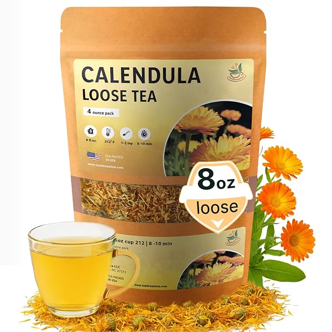 Calendula Loose Tea – 8 oz Size - Marigold & Dried - Calendula Tea Bulk Flowers Gluten-Free and Caffeine-Free Herbal tea for Relaxation, Wallness, From real Flowers with Smooth Taste