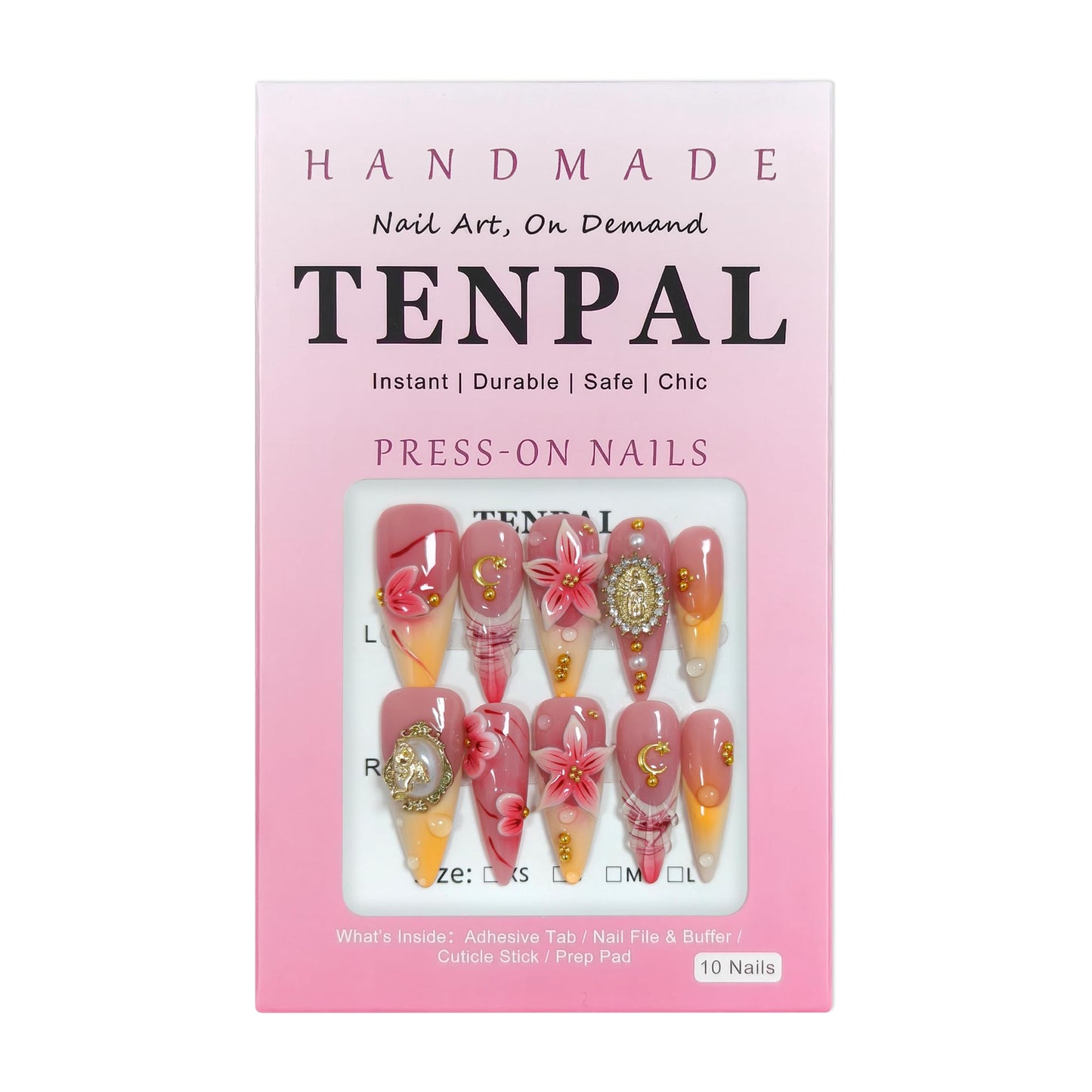 TENPAL Handmade Press on Nails Long Stiletto,Coral Orange Blushing French Tips Fake Nails with 3D Floral Waterdrops,Royal Baroque False Nails with Tools,Luxury Handmade Nails for Special Events(S)