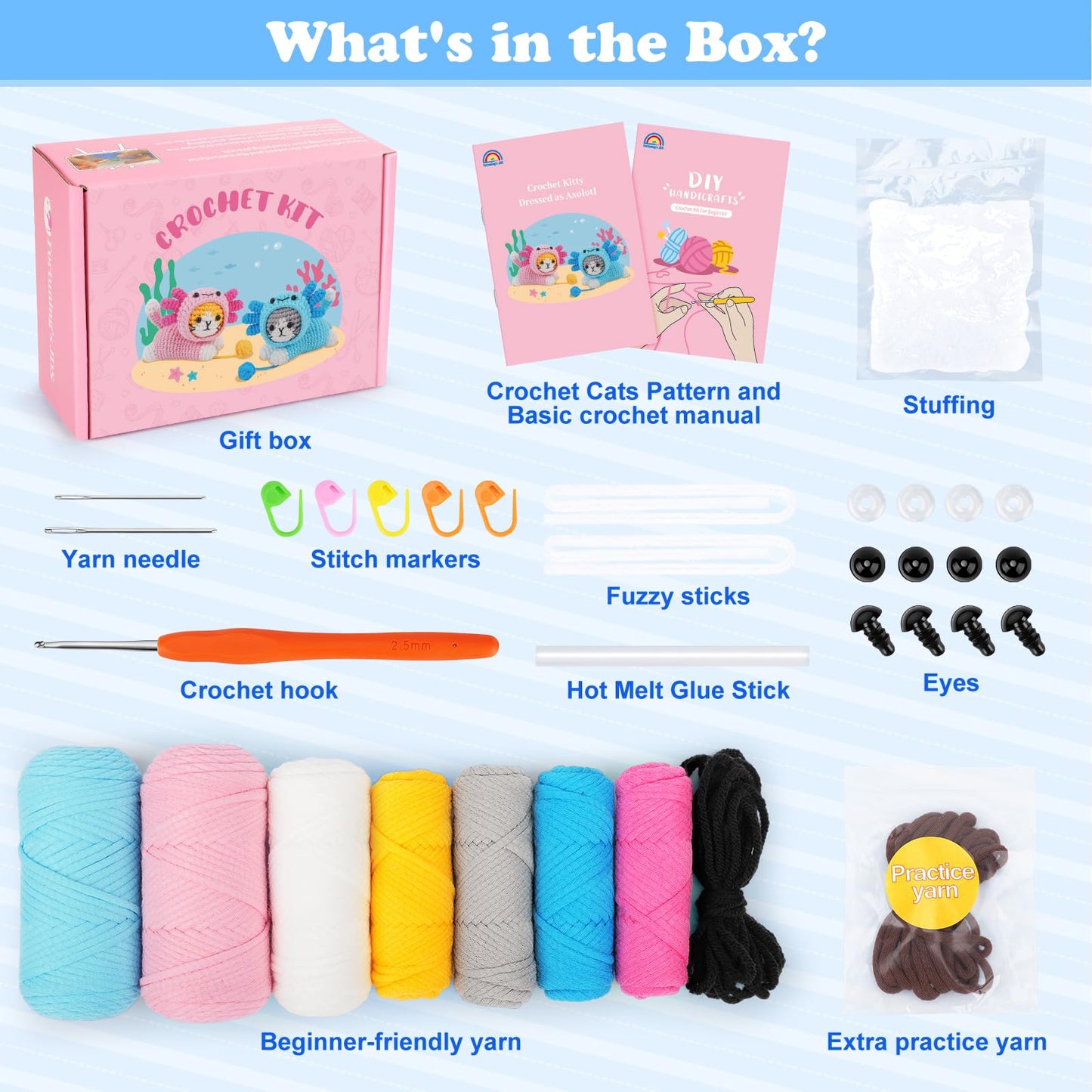 Crochet Kit for Beginners, Crochet Starter Kits for Adults Kids, Cat Dress in Axolotl Crochet Kit, Complete Crochet Animal Kit with Step-by-Step Video Tutorials, Gifts for Crocheting Lovers
