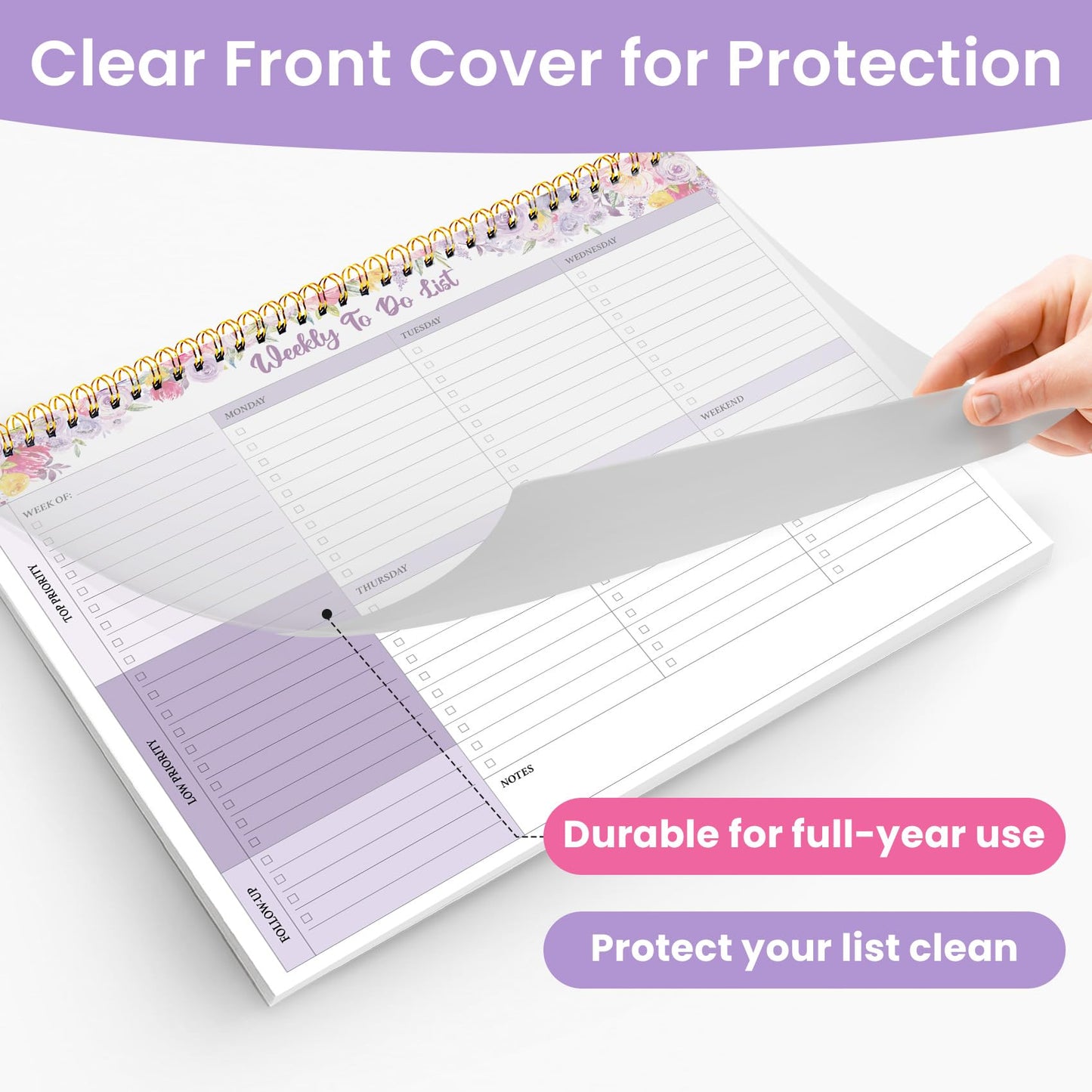 Weekly To Do List Notepad with 52 Undated Sheets（8.5"×11"）- Undated Weekly Planner Notepad for Office Desk Accessories and Supplies - Lavender Charm