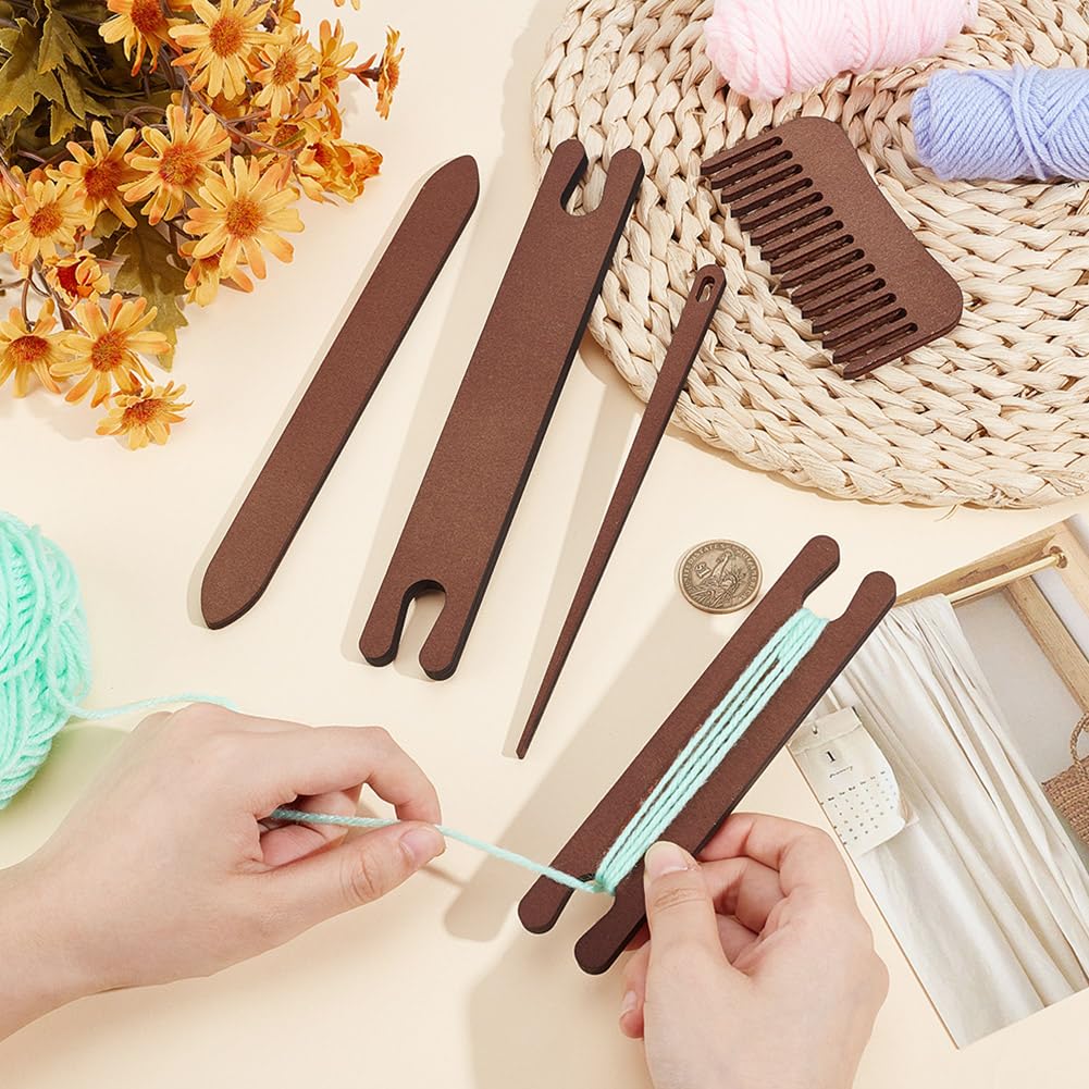 AHANDMAKER 2 Sets Wood Knitting Loom Tool Kits 5 Pieces Knitting Weaving Loom Tools Shuttle Weaving Stick for Beginner Weaving DIY Craft Weaving Accessories
