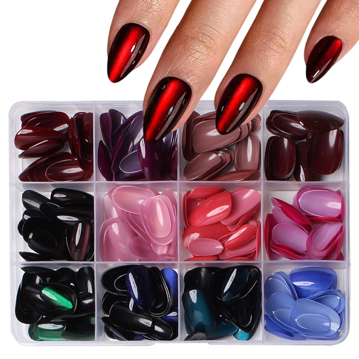 288Pcs Cat Eye Press on Nails Short Almond Fake Nails 12 Color Glitter False Nails Shiny Acrylic Glossy Glue on Nails Gradient Stick on Nail for Women Manicure