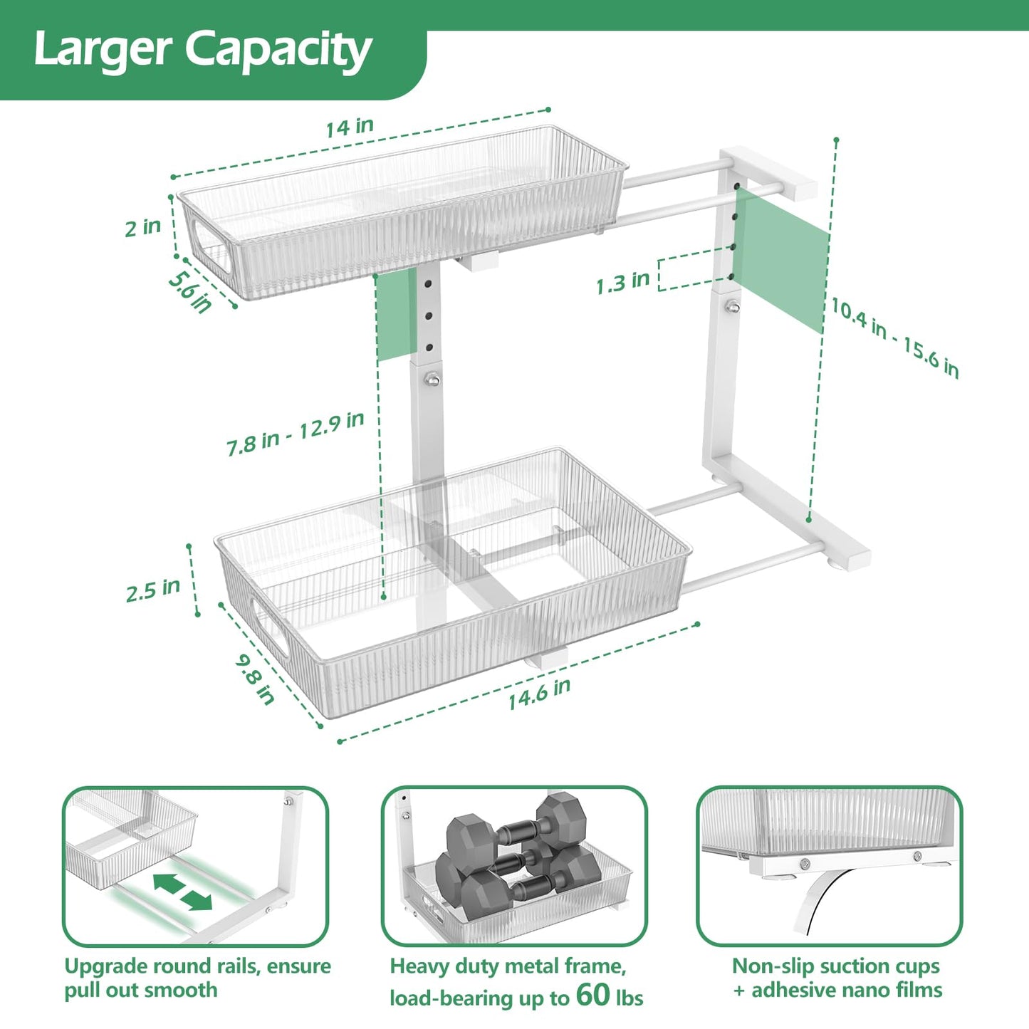 ADRIMER Under Sink Organizer 2 Packs, Pull Out Kitchen Sink Organizer, 2 Tier Slide Out Kitchen Organizers and Storage Bathroom Under Cabinet Storage Shelf, Transparent & White