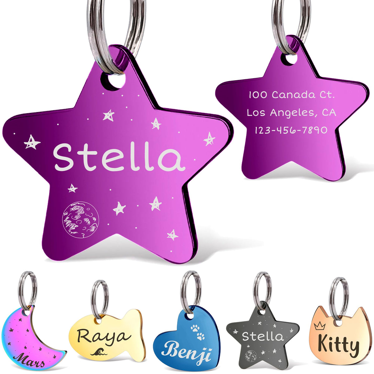 Anavia Small Size Dog Cat ID Tags, Small/XS Personalized Color Plated Stainless Steel Puppy Kitten Name Tags, Customized Engraved Nameplate Pet Collar Tag (Blue, Star)
