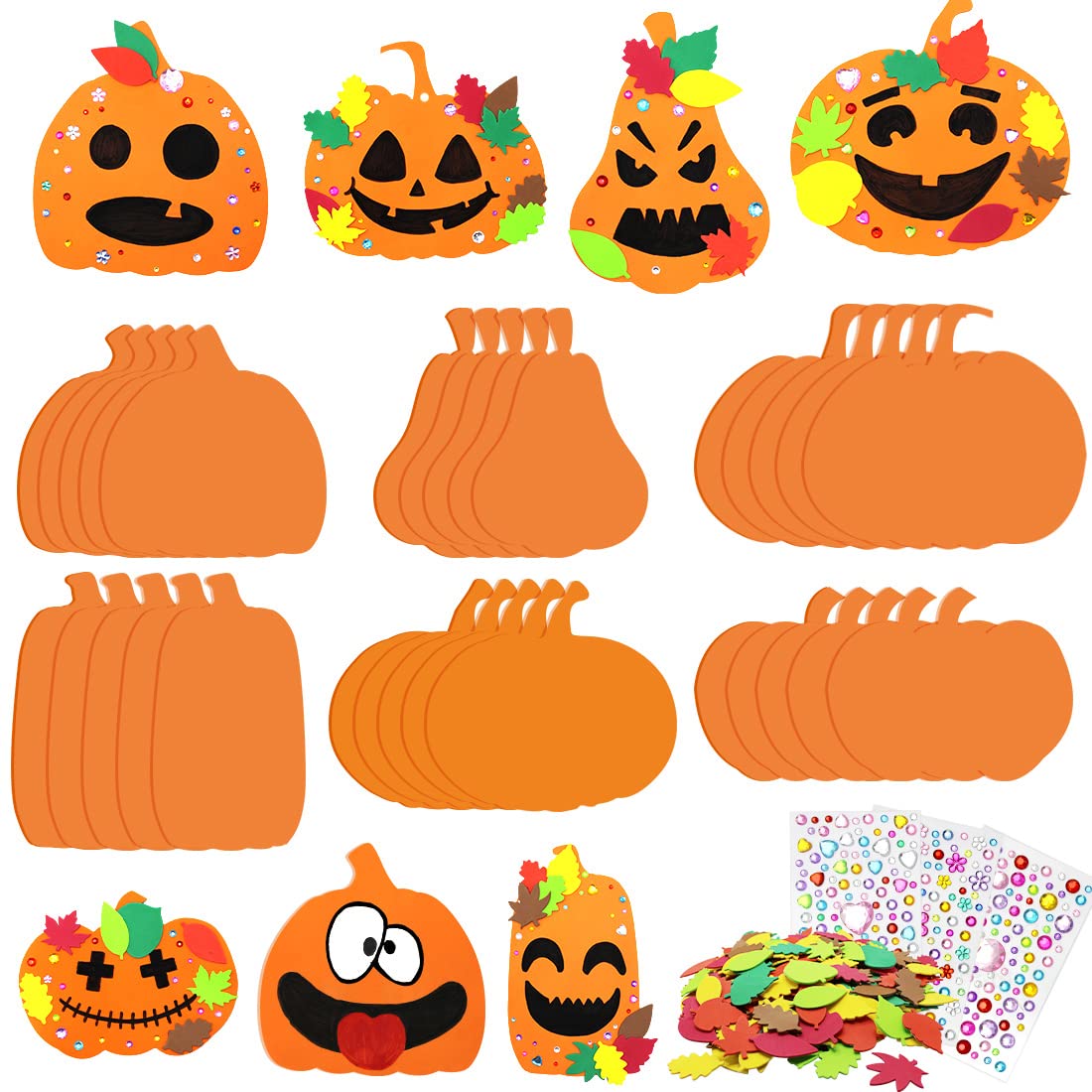 Hifunwu 30Pcs Halloween Foam Pumpkin Craft Kit Decorations with Foam Fall Maple Leaves Rhinestone Stickers for Halloween Thanksgiving Art Crafts Decorations