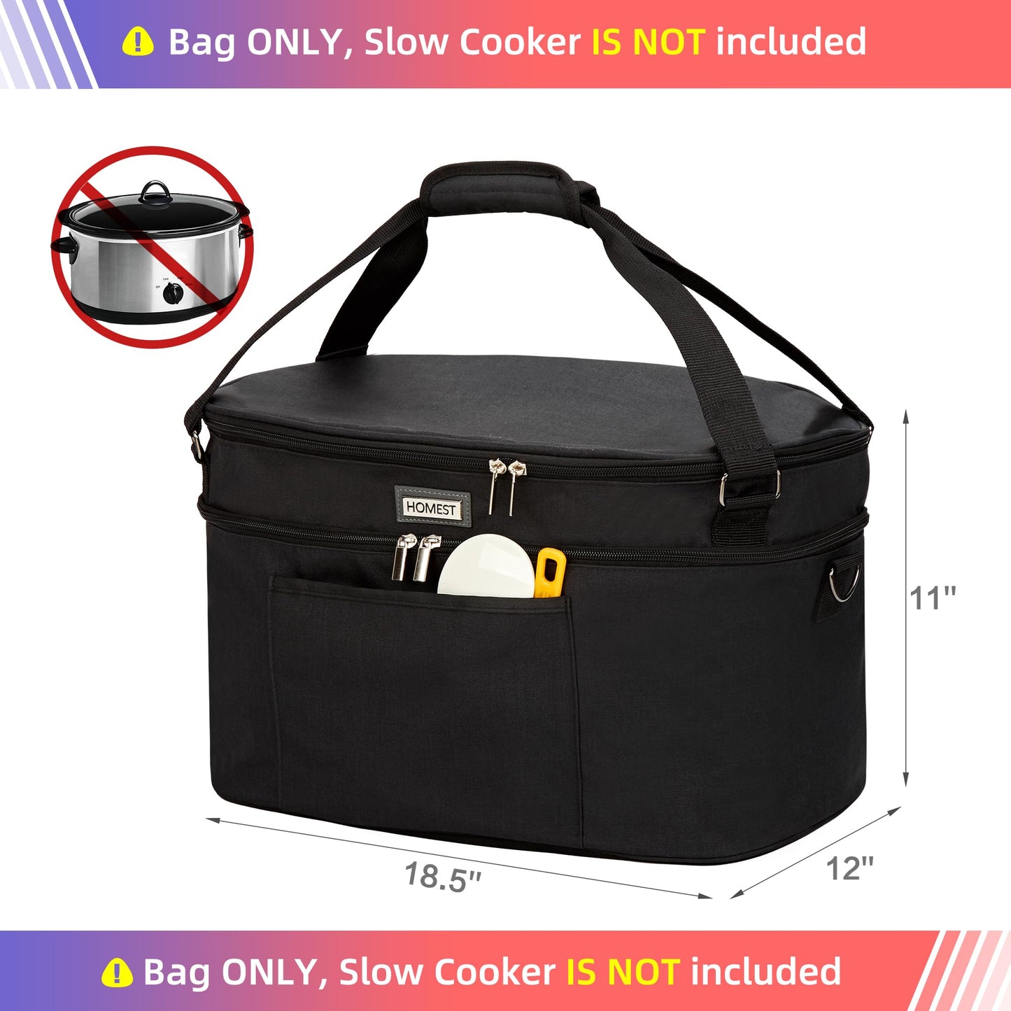 HOMEST Slow Cooker Bag for Crock-Pot 6-8 Quart, Insulated Travel Carrier with Easy to Clean Lining, Carry Case with Top Zip Compartment and Accessory Pocket
