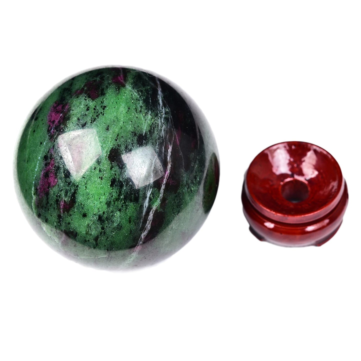 JIC Gem Crystal Sphere Ruby Zoisite Healing Ball With Wood Base - Red&Green Treasure Gemstone for Reiki Chakra Decor (70-80mm)