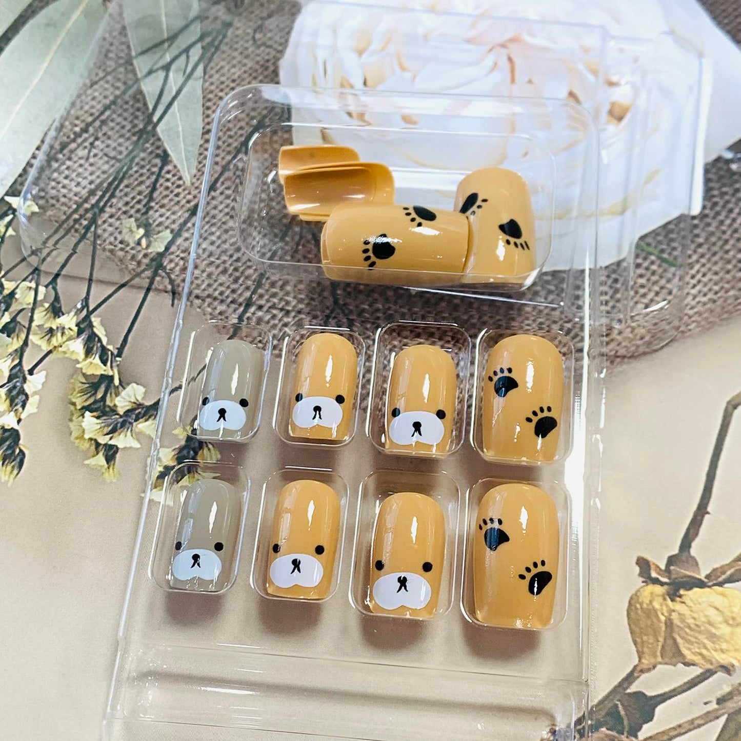 EYZOTSF Press on Nails Square Short Length Acrylic Glossy Full Cover Cute French False Nails with Bear Designs Artificial Extra Short Square Shaped Fake Nails Glue ons Fingernails for Women