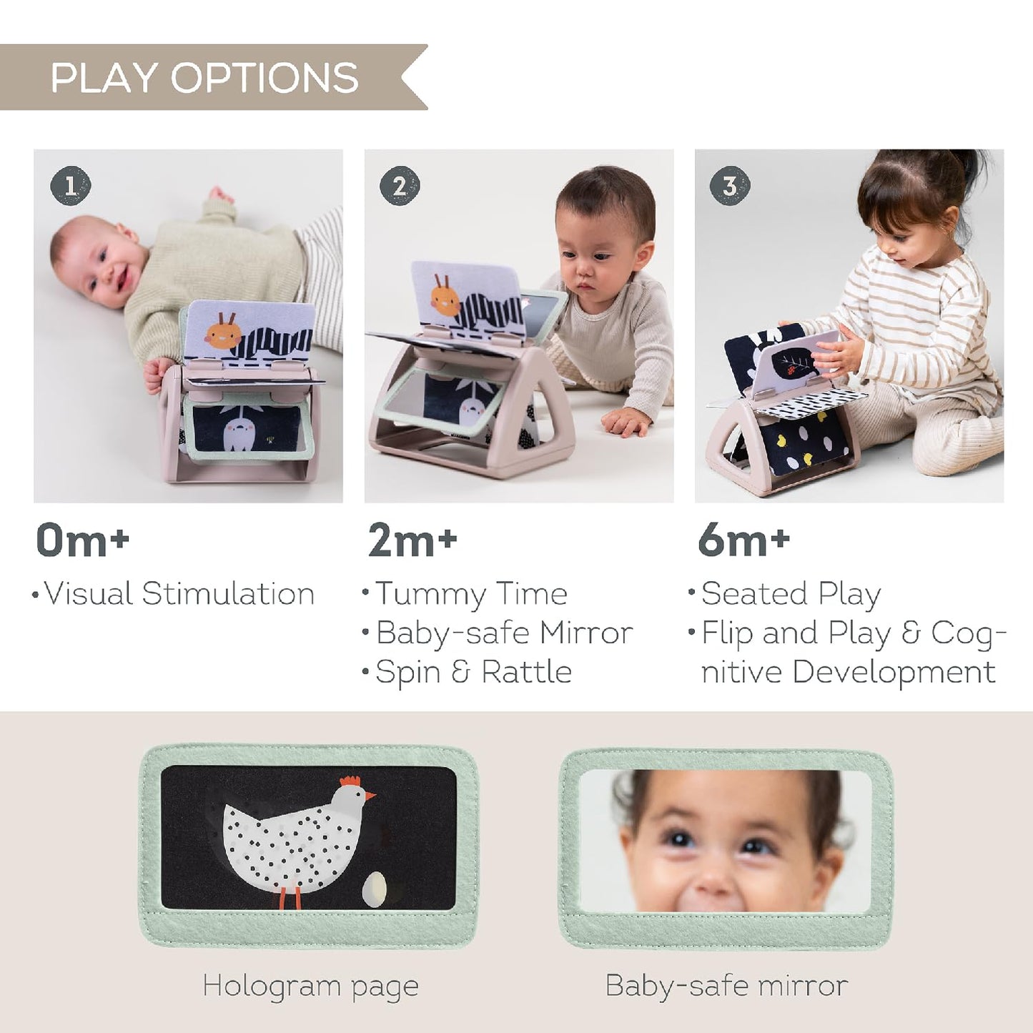Taf Toys Black & White Rattling Spinning Book High Contrast Newborn Baby Toy 0-6 6-12 Months with Mirror for Visual Stimulation, Tummy Time & Early Cognitive Development, Montessori Learning Activity