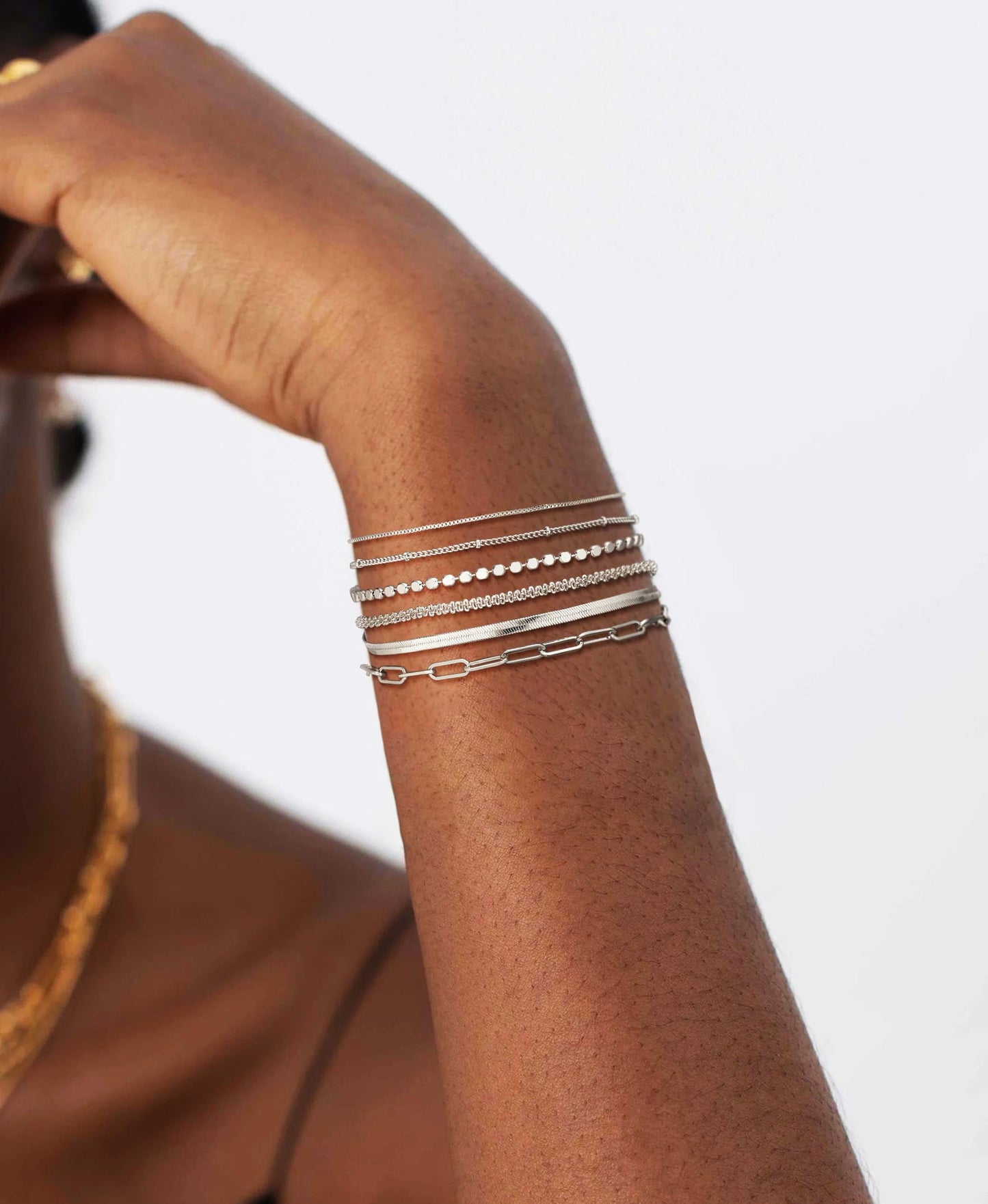 DEARMAY Silver Chain Bracelets for Women, Waterproof Silver Plated Jewelry Set Fashion Stackable Beaded Figaro Herringbone Link Bracelet Trendy Pack Stack Gifts for Women