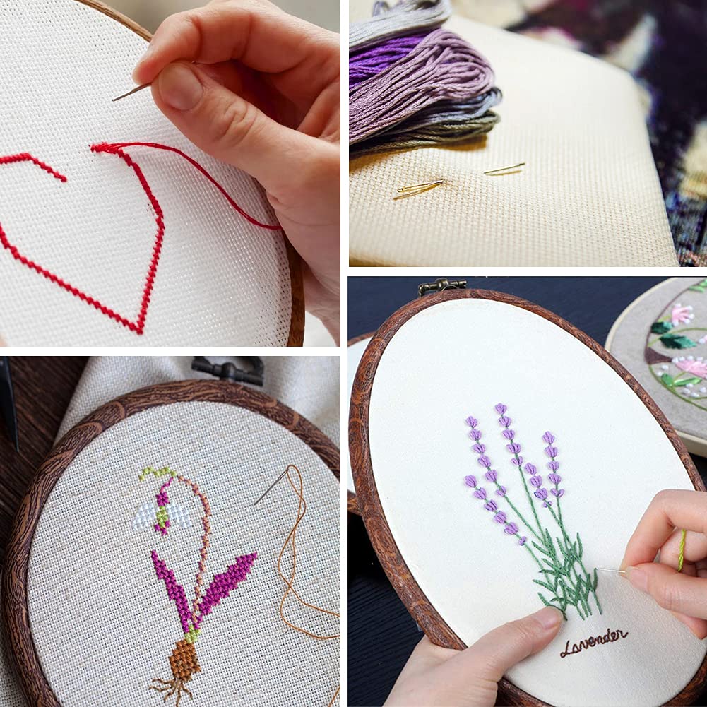 Jupean Embroidery Hoops, 7.5'' 9.2'' Oval Embroidery Hoop, Imitated Wood Display Frame with 30 Pieces Embroidery Needles, Embroidery Frame and Cross Stitch Hoop for Art Craft Sewing and Wall Hanging