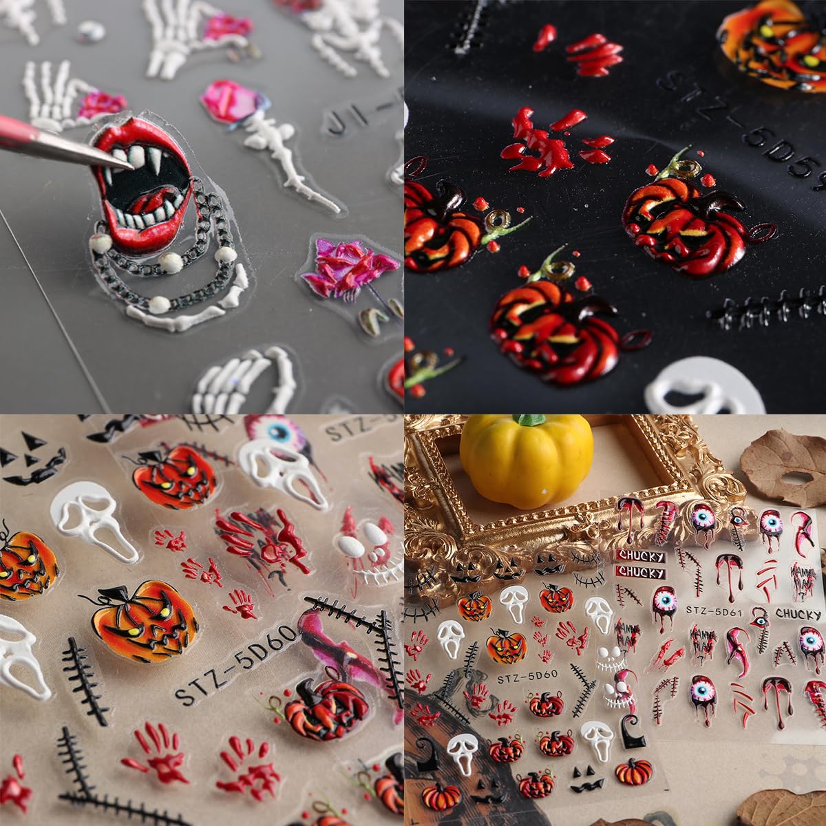 8Sheets Halloween Nail Stickers for Nail Art 5D Embossed Skull Ghost Nail Decals Self-Adhesive Pumpkin Spider Bat Eyes Skeleton Designs Horror Goth Nail Art Stickers for Women DIY Manicure Decoration