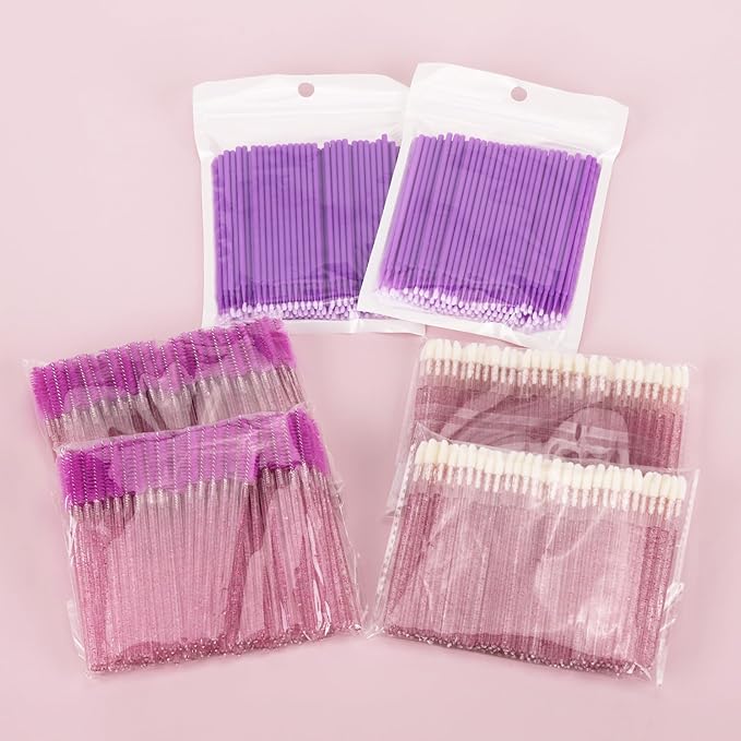600 PCS Eyelash Extension Supplies Kit, 200 Spoolies Mascara Wands Disposable 200 Lip Brushes 200 Micro Swabs Purple Eyelash Brushes Makeup Applicator Tool