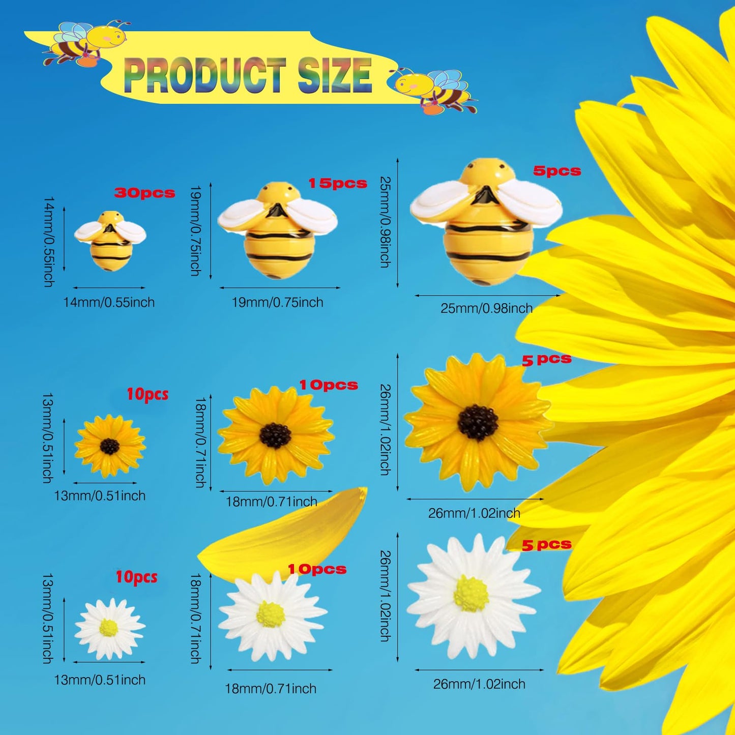 DANUDON 100PCS Mini Bees for Crafts Resin Bee Daisy Flowers Decor, 3 Sizes Sunflower Bumble Bee Embellishment Beads Charms for DIY Christmas Wreath Scrapbooking Party Decorations, with Box