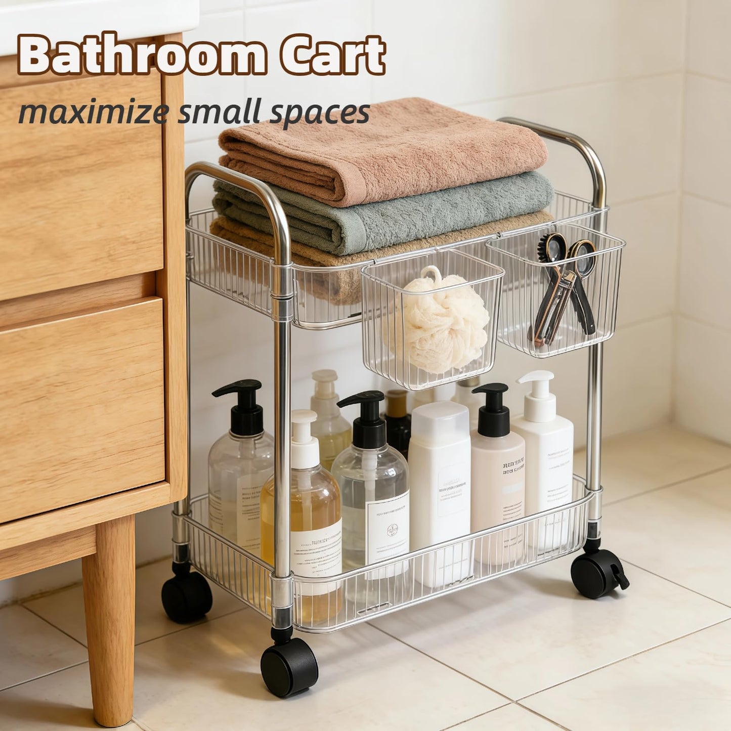Ufriandz 2 Tier Utility Rolling Cart with Wheels Sofa Side Table Small Under Desk Storage Organizer, Clear Acrylic Plastic Mobile Trolley Organization Storage Cart for Kitchen Pantry Bathroom Vanity