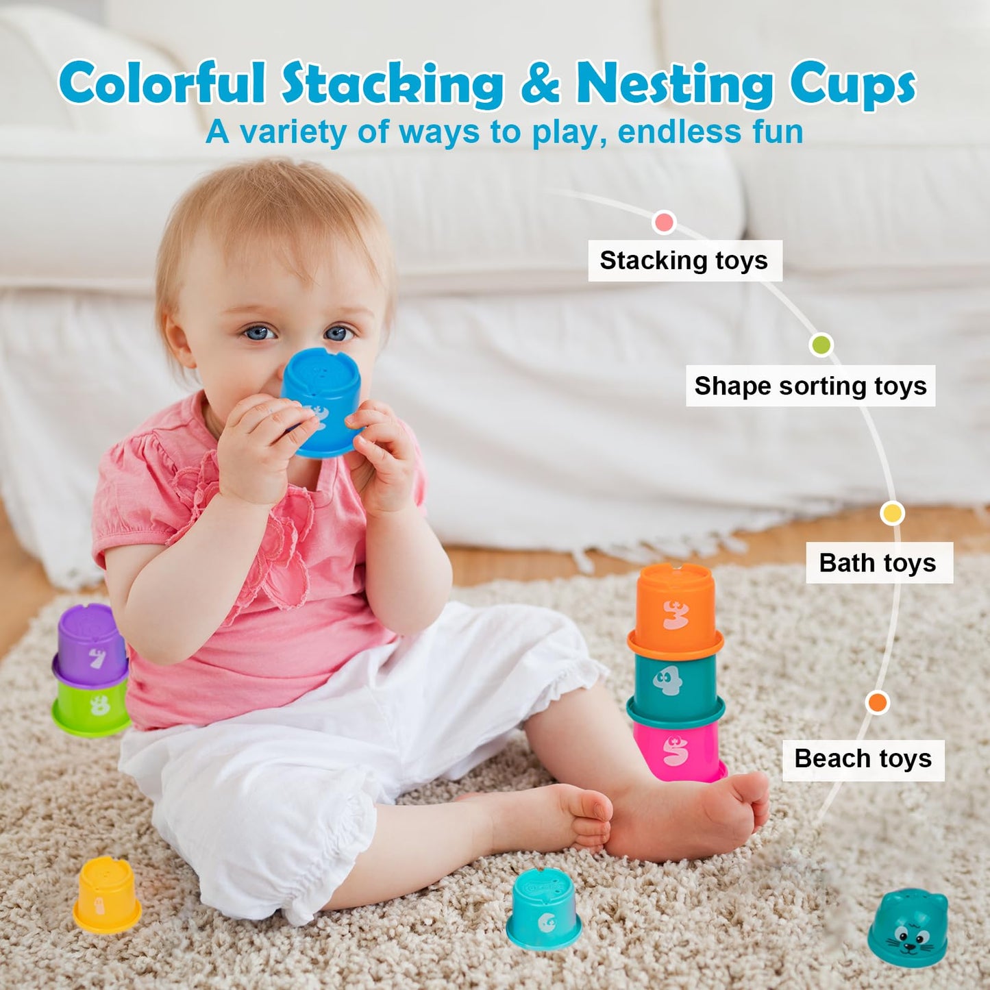 Adena Montessori Play Kit for 13-18 Month Baby,8 in 1 Toy,Colorful Stacking&Nesting Cup,Coin Bank,Coins,Carrots Lid,Carrots,Posting Lid,Flexble Stacker,Bead Kit,Shape Puzzle,Pound&Tap Hammer Bench
