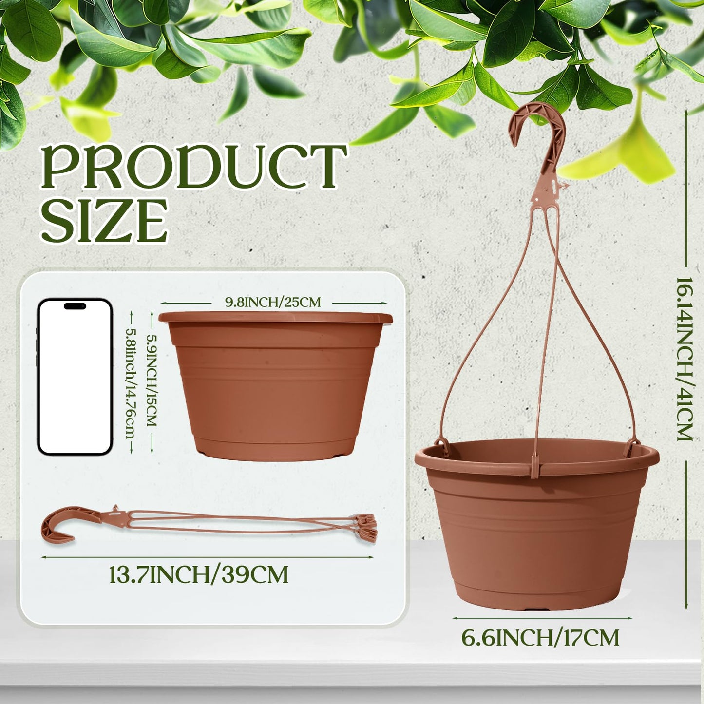 VIDELLY 4 Pcs Hanging Planters for Indoor Plants,10" Large Plastic Hanging Basket with Drainage Trays & Chain Holder for Outdoor Indoor Plants Garden Balcony Decoration, Brown